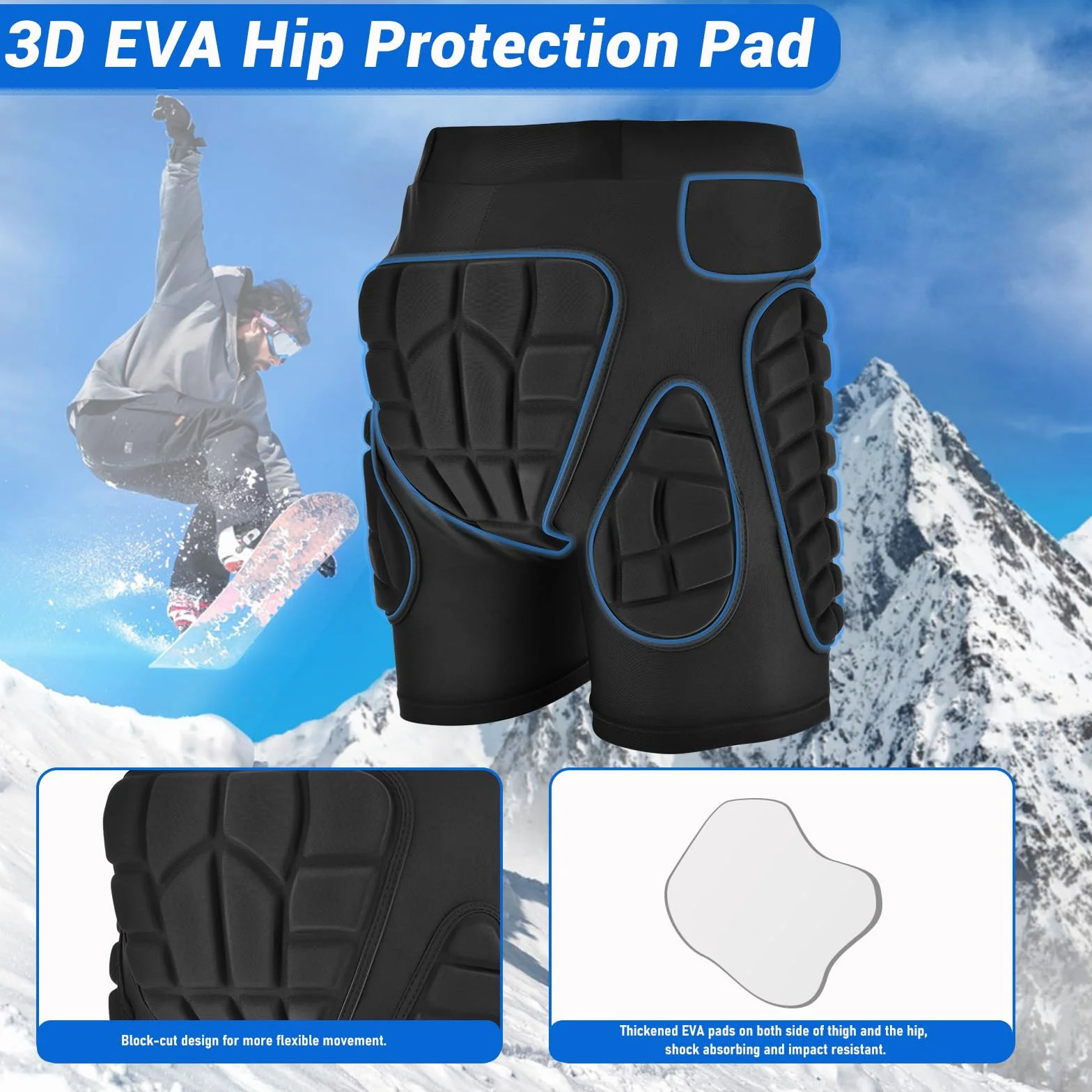 TOMSHOO Short de Protection Rembourré en EVA 3D pour Skateboard, Snowboard, Cyclisme