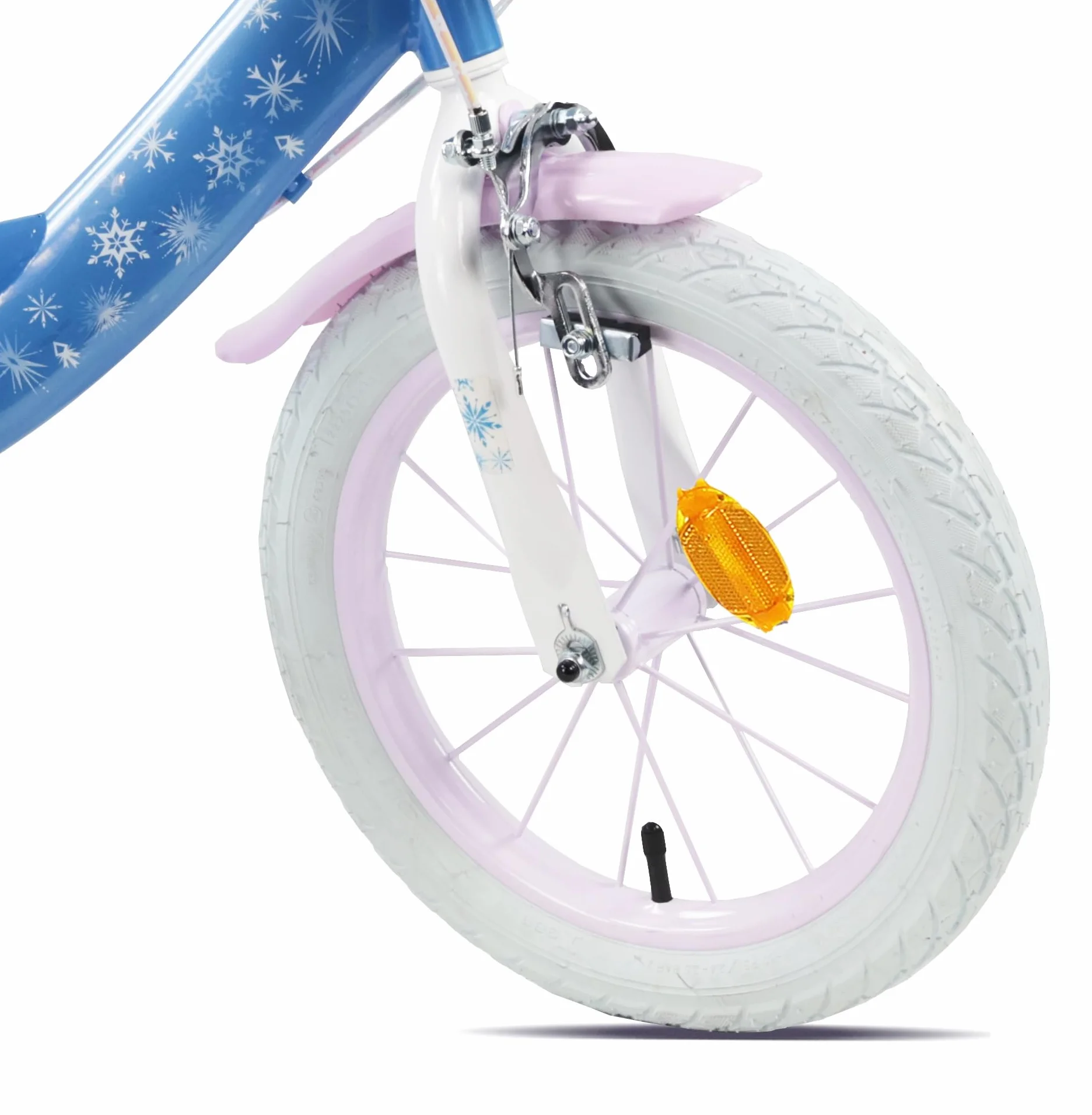 Vélo Reine des Neiges 14'' Fille équipé de 2 Freins Caliper - Roue Libre - Pneus Gonflables - Jantes aciers avec Rayons - Panier Avant - Porte-poupée arrière - Garde-Boue - 2 Stabilisateurs