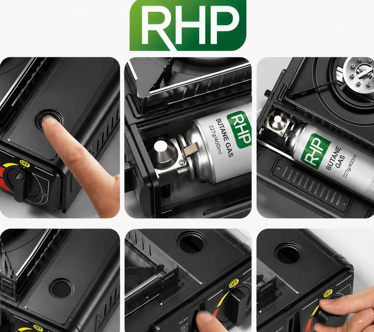 Réchaud à gaz d'extérieur RHP cuisinière de camping I cuisinière à gaz avec 8 cartouches de gaz à baïonnette - avec étui pratique - jusqu'à 30% de consommation de gaz en m