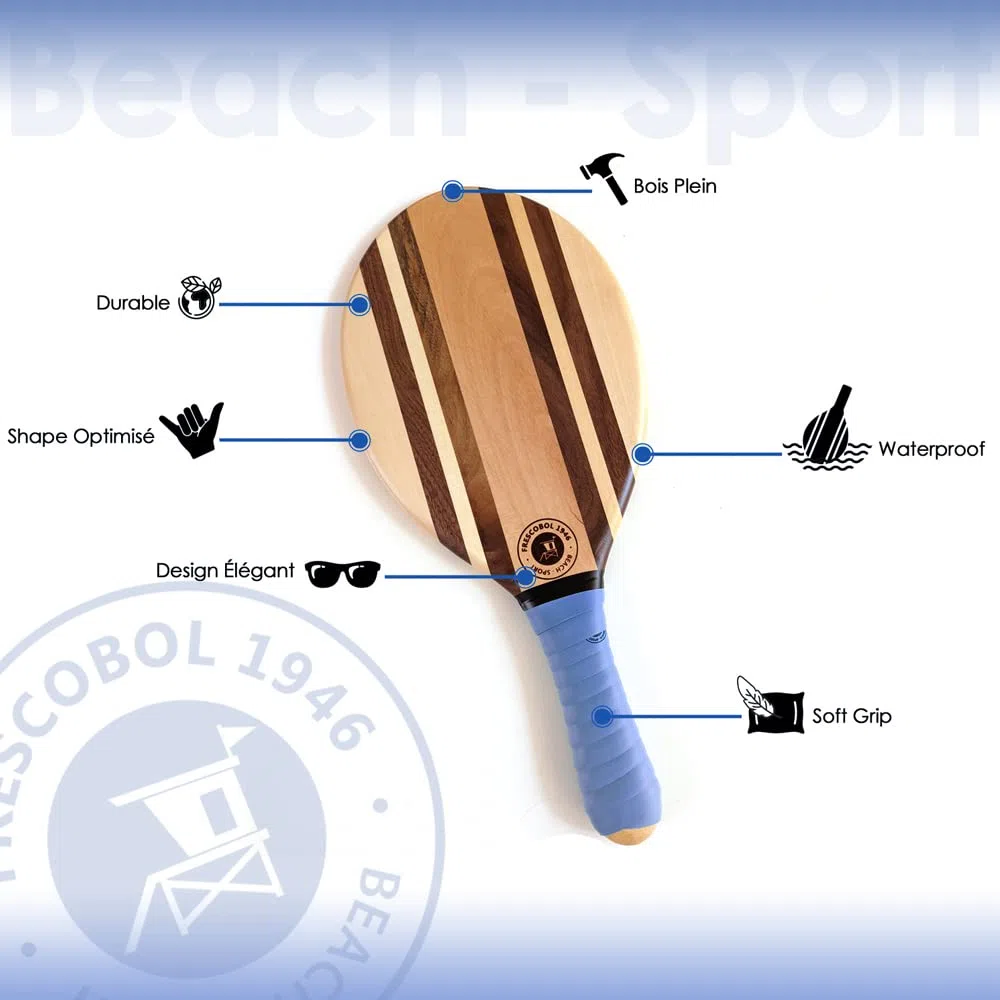 Raquette de Plage | Frescobol Beach Tennis | Jeu de Plage Bois | Jeu de Raquette de Plage Pro | Set Raquettes Frenchie 2 Raquettes 2 balles 1 Sacoche néoprène
