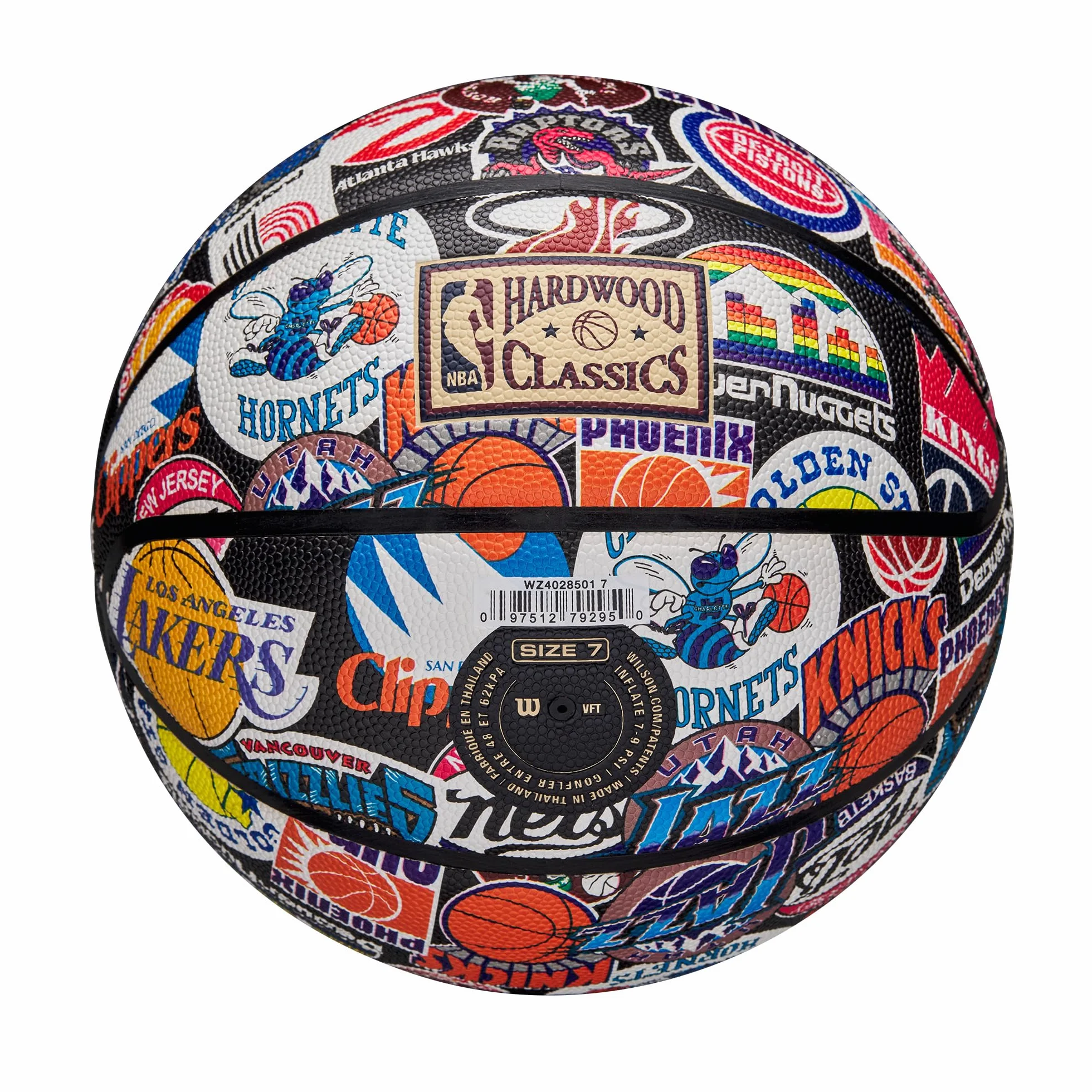 WILSON NBA All Team, Ballon de Basket Rétro Fabriqué avec Une Innovation à Double Profondeur et Une Surface au Toucher Pur, Rétention d'air Améliorée et Logo Classic Hardwood, Taille: 7