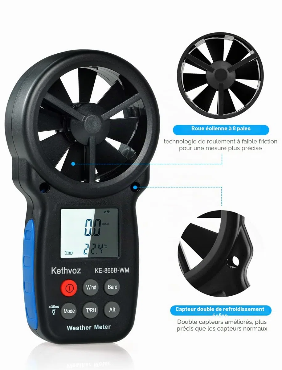 Kethvoz Anémomètre Numérique, Anemometer Portable avec Baromètre Altimètre Mesure Vitesse du Vent Température Humidité Altitude pour Drone Randonnée Escalade VMC Air Balance KE-866B-WM