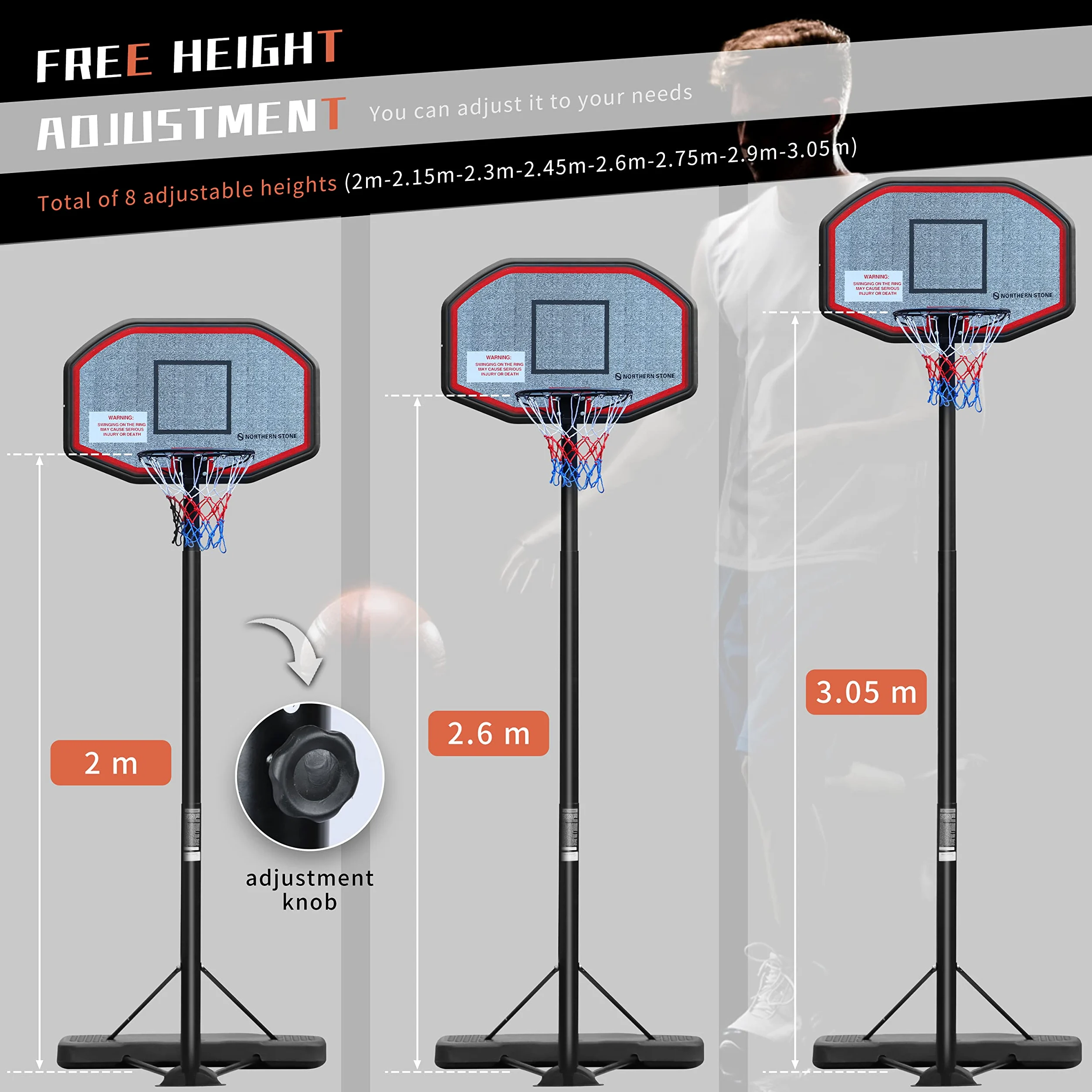 NORTHERN STONE Pro Court Cerceau de Basket-Ball Portable réglable en Hauteur avec Panneau d'impact, Hauteur Officielle