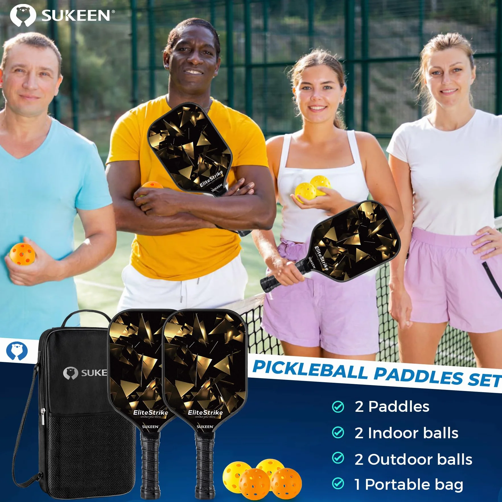 Sukeen Ensemble de Raquettes de Pickleball, 2 Pickleball Paddles en Fibre de Verre, Série Ciel Etoilé, Haute Absorption des Chocs, Pickleball Set Légère Convient aux Débutants