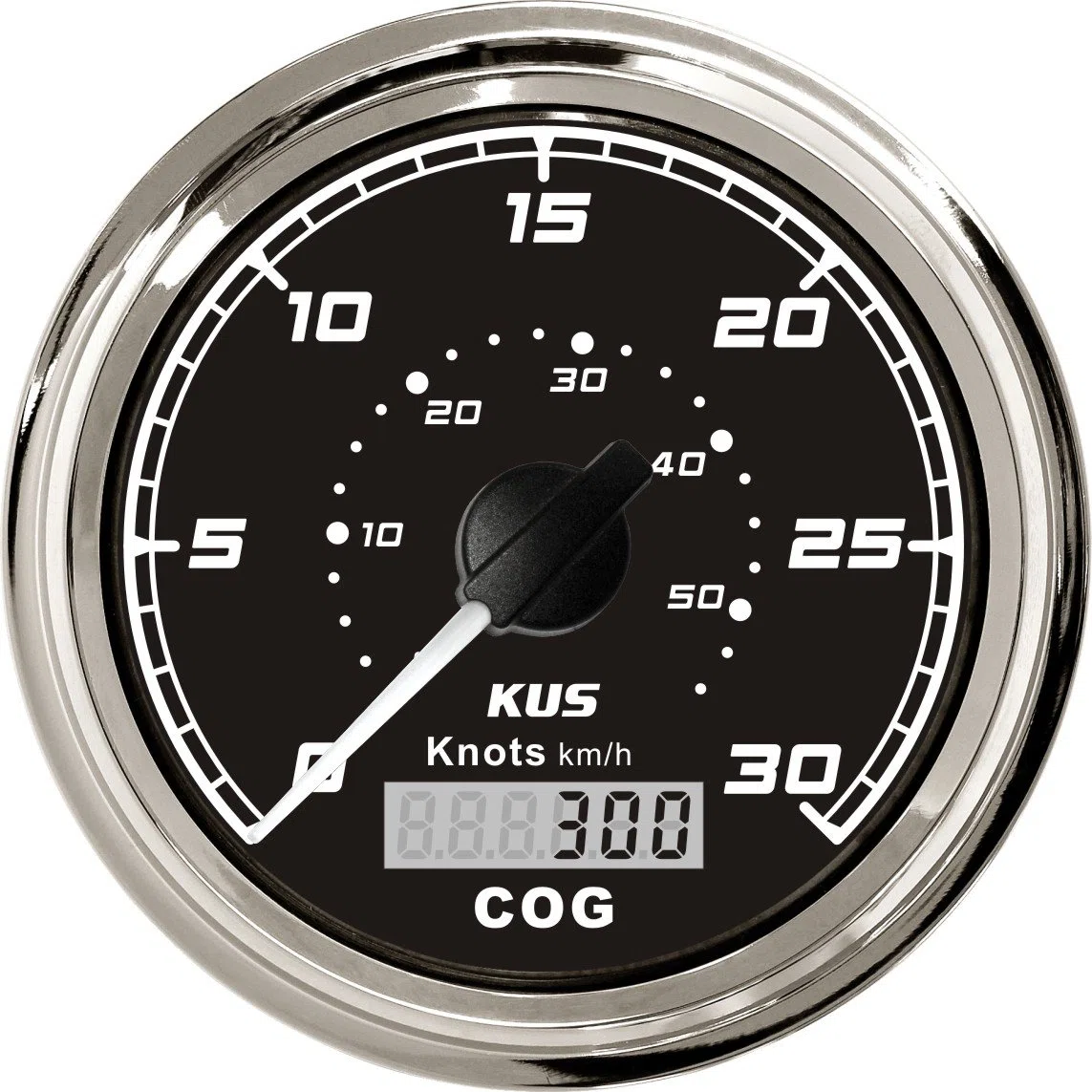 KUS Compteur de Vitesse GPS 85 mm, 0-30 Nœuds (0-55 km/h), 12V/24V, Rétroéclairage Rouge et Jaune, Étanche et Anti-Buée, pour Bateaux et Yachts (Noir)