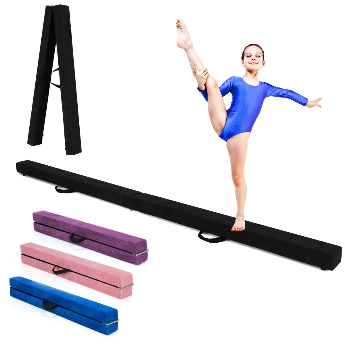 RELAX4LIFE Poutre Gymnastique Pliable 210 cm en Finette avec Pieds Surélevés, Poutre Gym au Sol Portable avec Poignées de Transport, Gymnastique Materiel pour Enfants et Adultes (Noir)