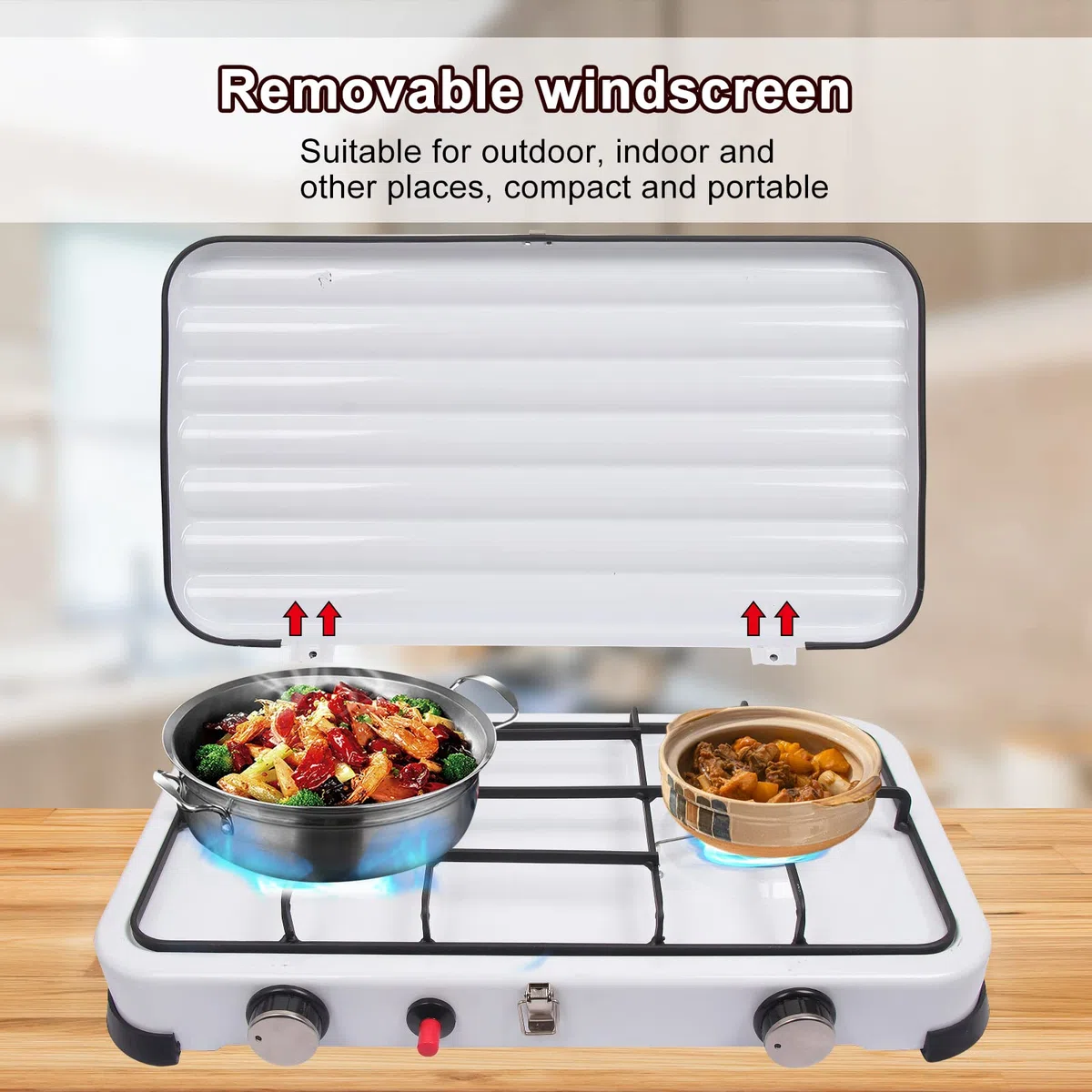 Rechaud Gaz 2 Feux Portable, 4.4KW Réchaud Gaz-GPL Camping Auto-Ignition pour Extérieur avec Tuyaux 150 cm et Régulateur de 37 mbar, Réchaud Gaz Couvercle Détachable