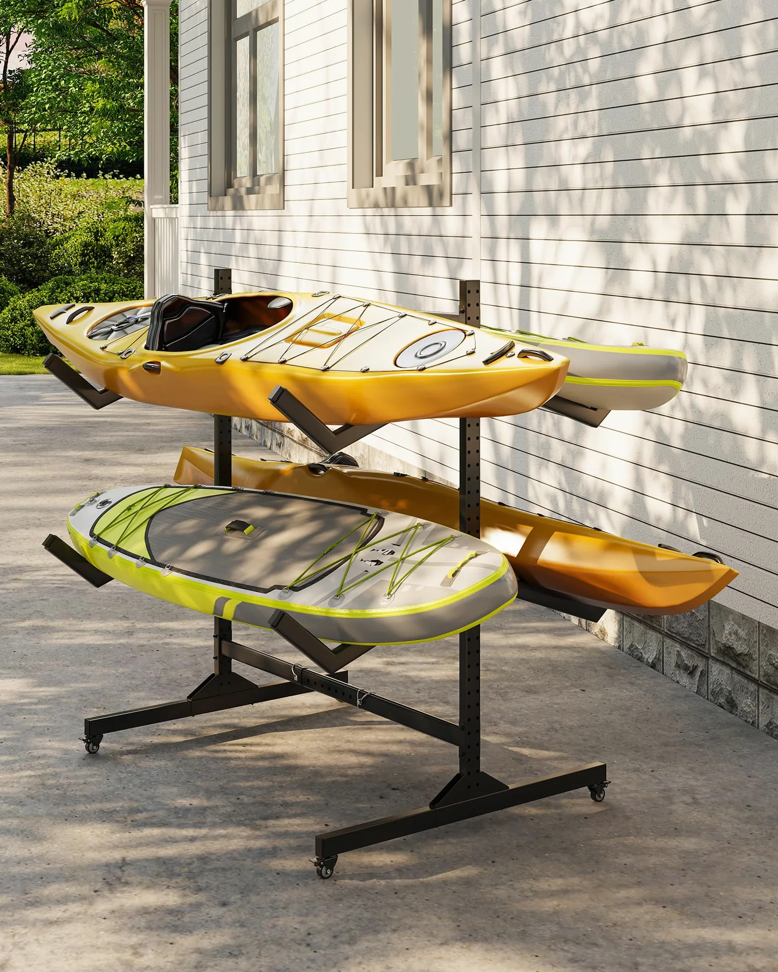 Garvee Rack de Rangement autoportant Double Face, Robuste et réglable, pour 4 Kayaks, canoës, Sup et Planches – roulettes verrouillables – Idéal Garage, abri ou Quai – Spécification : Double Face