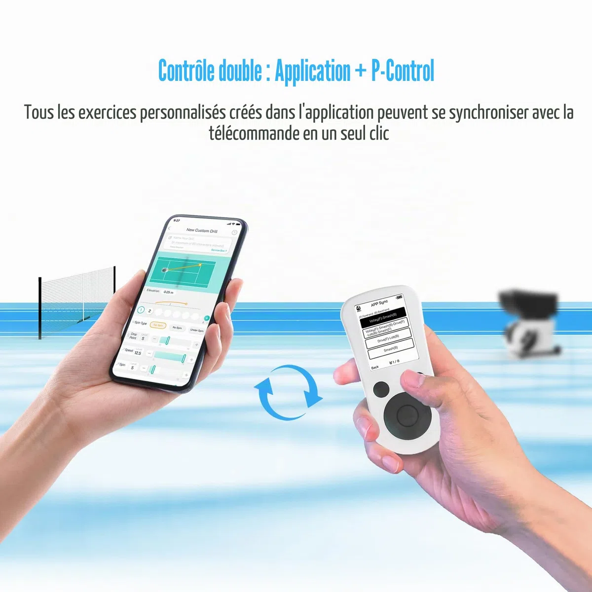 PONGBOT Machine à balles de tennis, application et télécommande, perceuses personnalisées, capacité de 150 balles, max 80 mph, plus de 80 heures d'endurance, double moteur pour Topspin et Backspin