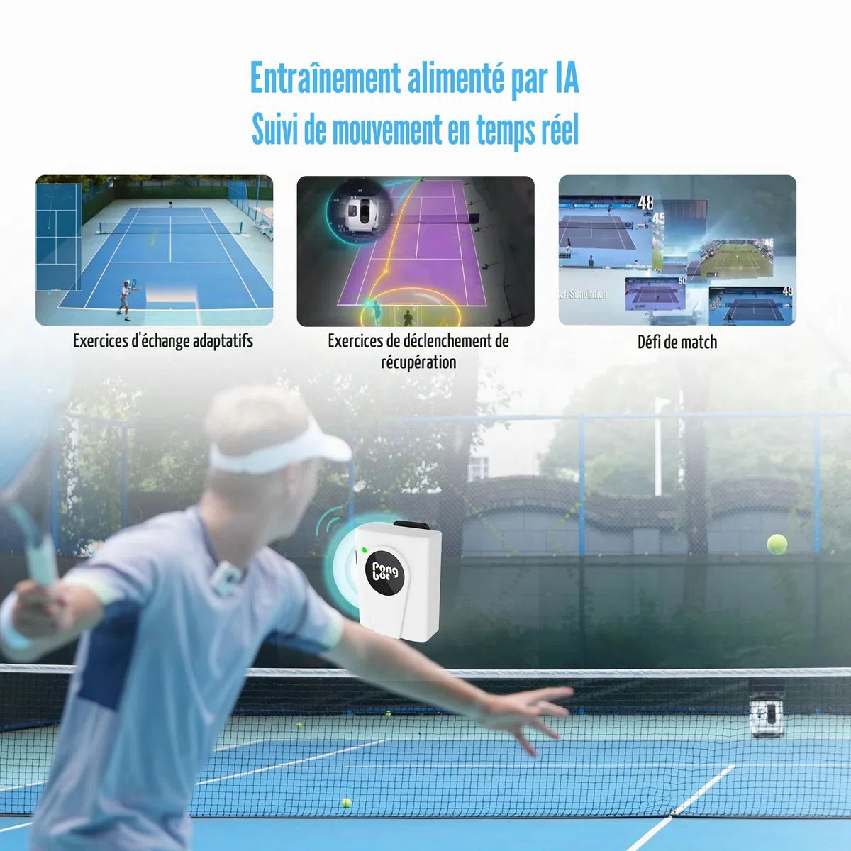 PONGBOT Machine à balles de tennis, application et télécommande, perceuses personnalisées, capacité de 150 balles, max 80 mph, plus de 80 heures d'endurance, double moteur pour Topspin et Backspin