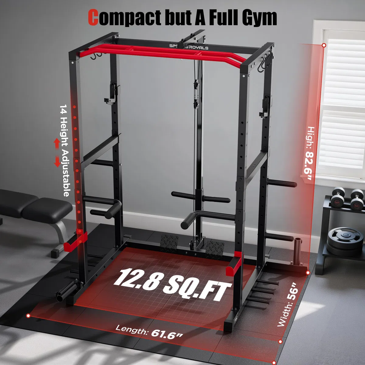 Sportsroyals Cage de puissance, 725,7 kg multifonction avec système de croisement de câble réglable et plus d'accessoires d'entraînement, cage de poids pour salle de sport à domicile