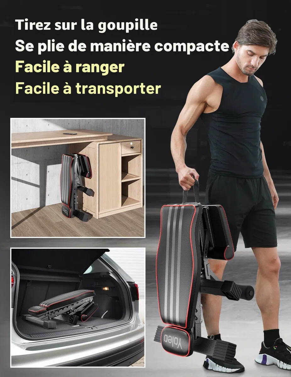 YOLEO Banc de musculation pliable multifonction avec supports pour la maison, banc de musculation réglable avec plateau, banc de musculation avec poids et curl des jambes