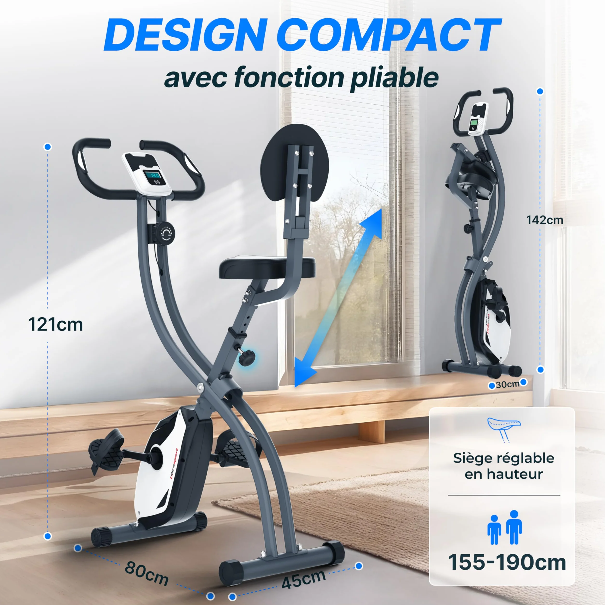 Ultrasport F-Bike Vélo d’Appartement Pliable I Vélos d'Appartement Extra Silencieux jusqu'à 130 kg avec Selle Confort, Velo d Appartement Pliable