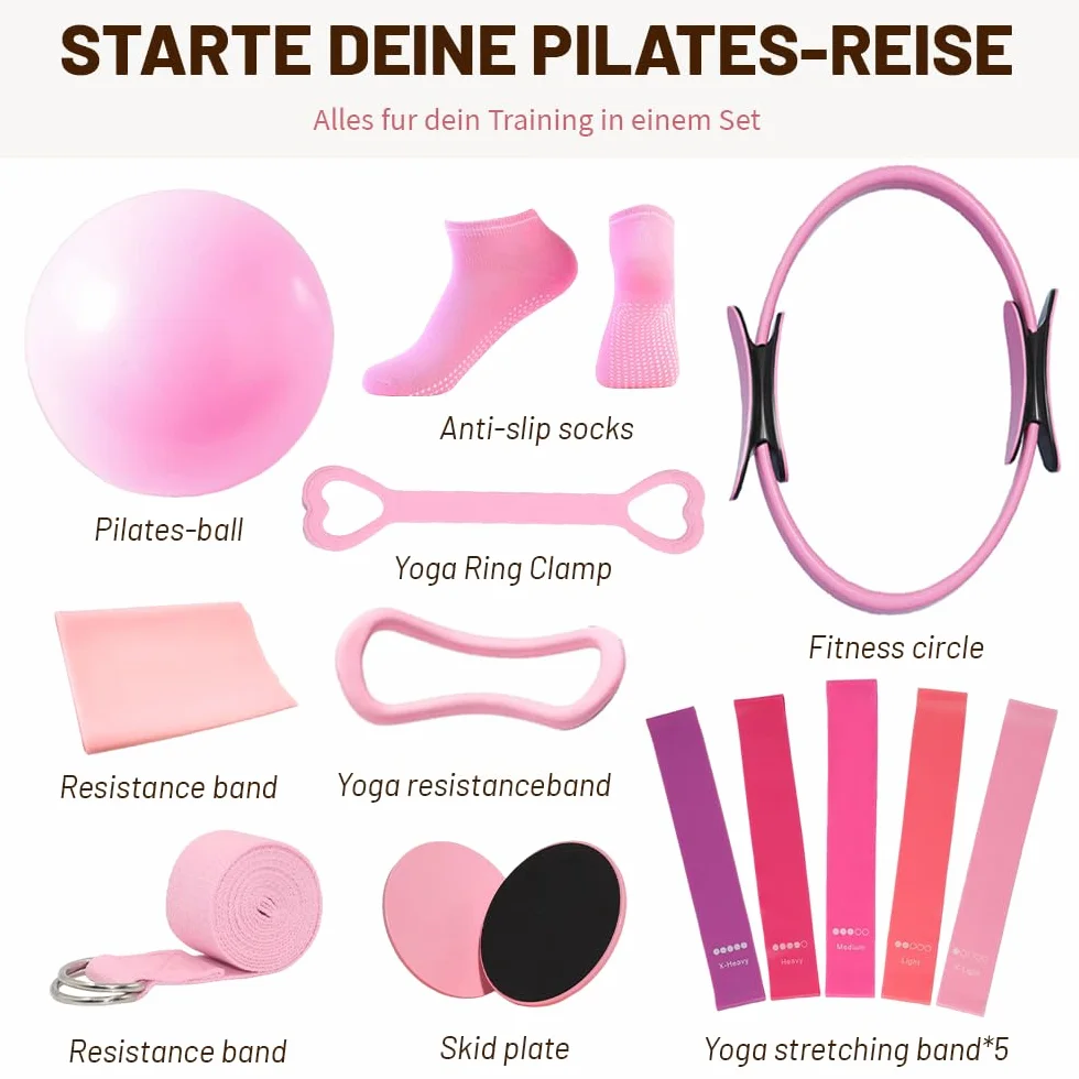 Kit Pilates Maison 15 Pcs Pilates Kit Pilates Accessoires Cercle Pilates, Yoga Ball, Resistance Bands, Pilate Ring, Yoga Band, Ceinture Auxiliaire pour La Force, La Flexibilité, La Stabilité