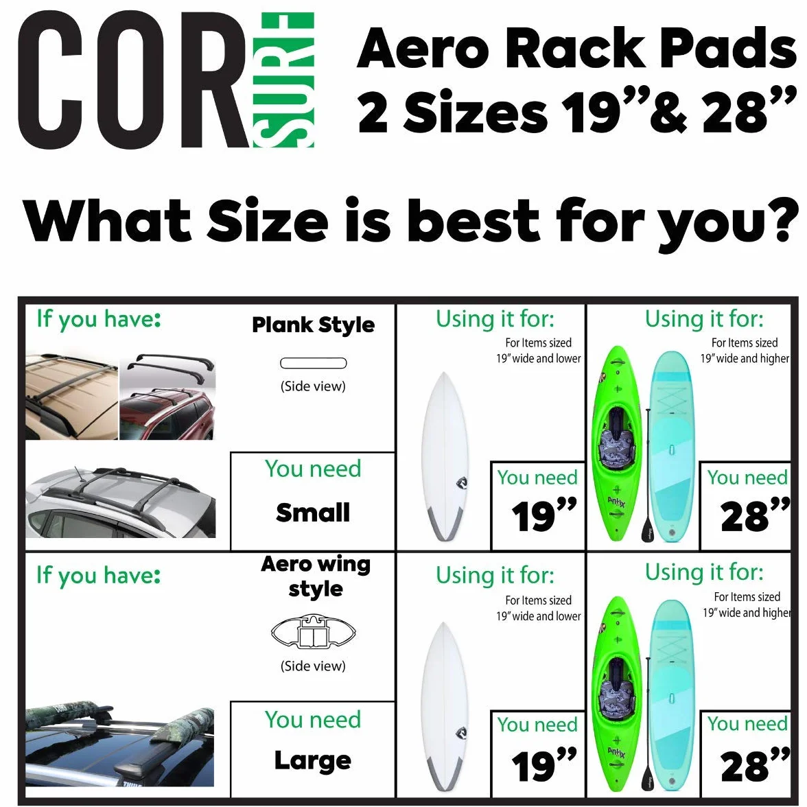 COR Surf Pads de galerie de Toit | Support pour Planche de Surf Kayak Sup | [Paire] pour Les Grandes Barres aérodynamiques (48CM)