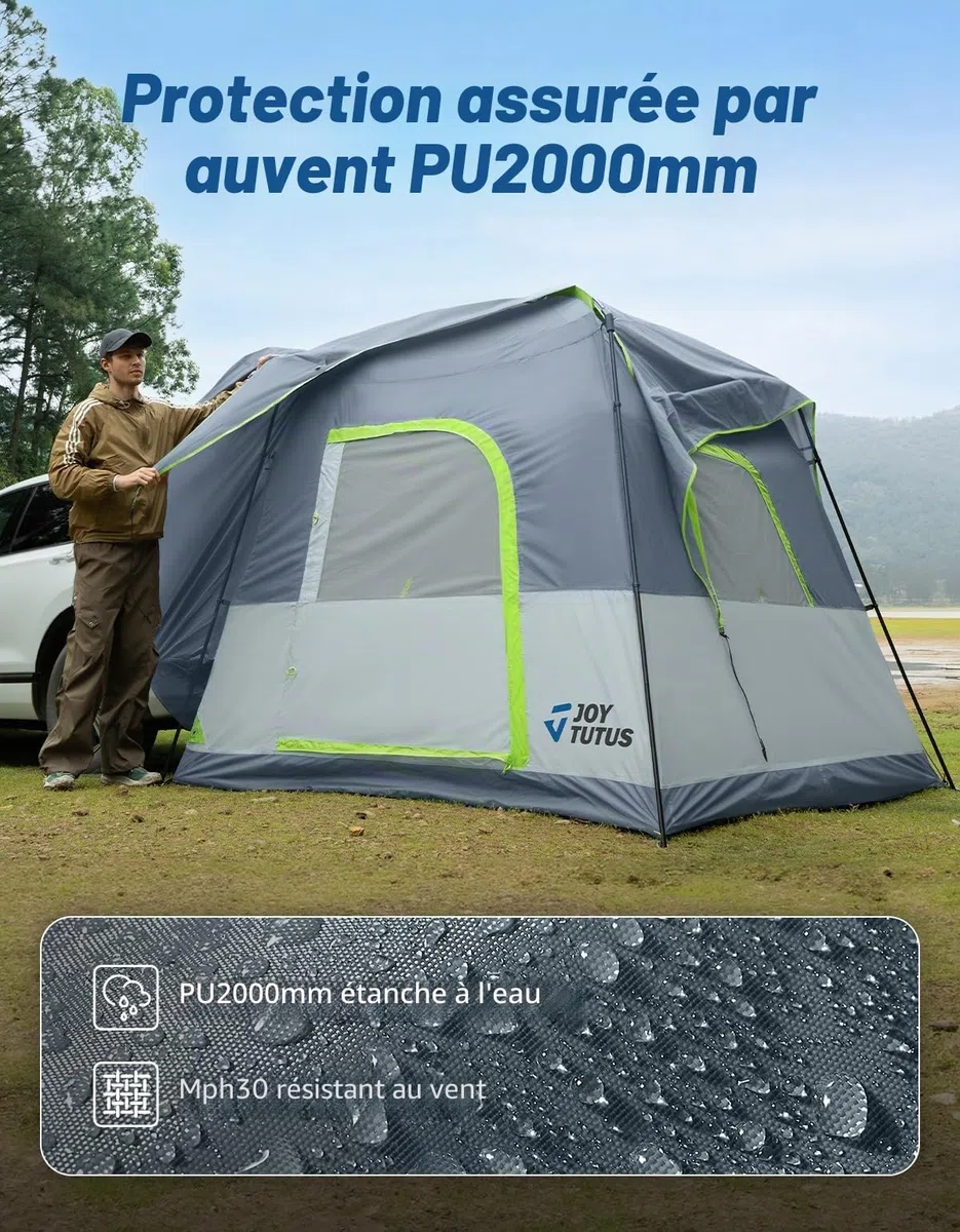JOYTUTUS Tente SUV avec véranda et tente de camping pour la famille, grande tente pour voiture spatiale pour 4-9 personnes, SUV à double usage ou camping sous la pluie, double porte, toit ciel étoilé