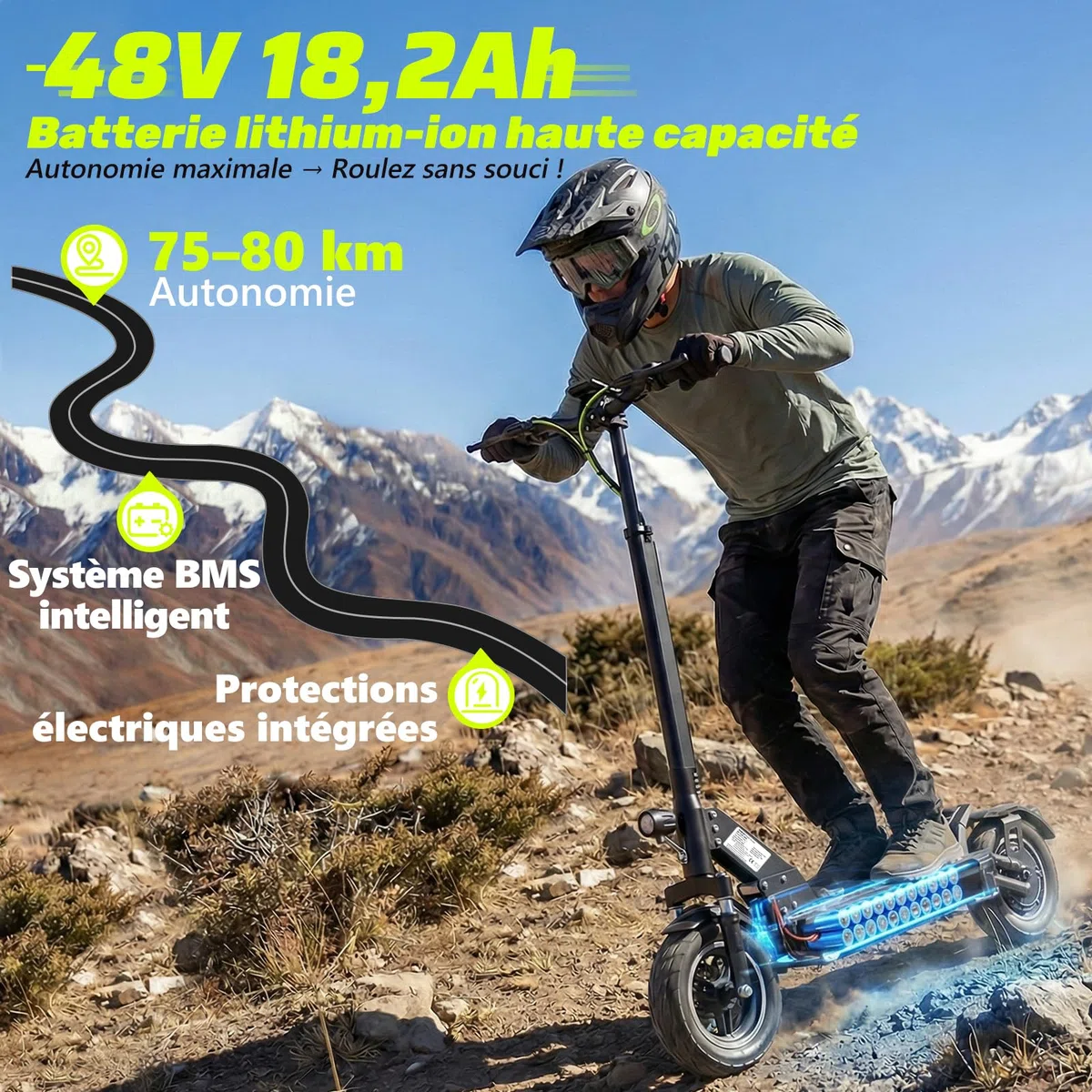 Trottinette Électrique Adulte Tout Terrain, Batterie 48V 18,2Ah Moteur 1000W*2, Puissante Pliable Grande Autonomie Double Suspension Antivol Ultra Légère avec Application, Scooter Electrique Adulte