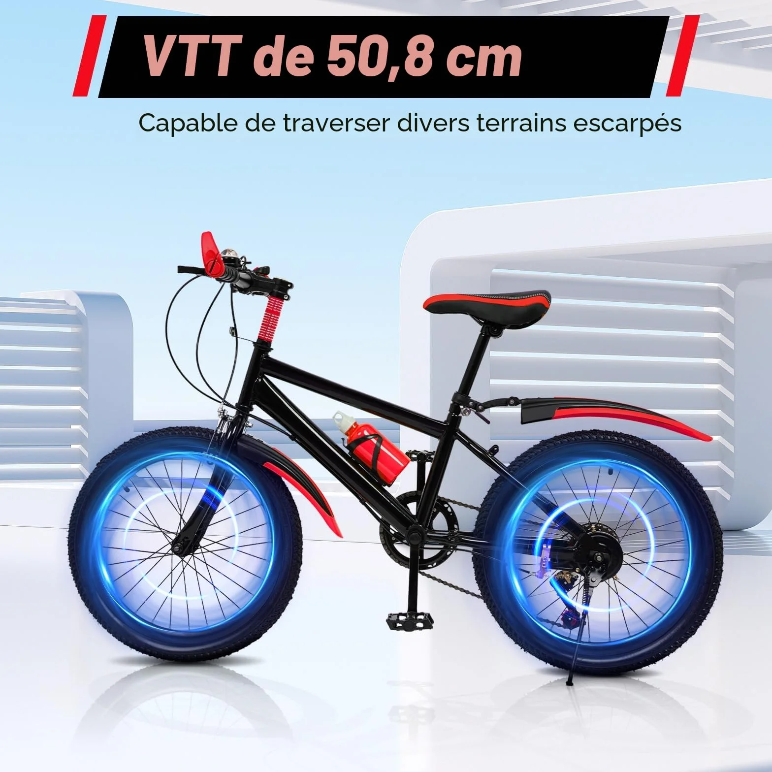 VTT 20" à 7 vitesses moderne, pour garçons et filles de 8 à 13 ans, VTT avec 4 gardes, support, cloche de boussole, sac de rangement pour bouteille d’eau, capacité de charge 85 kg, cadre