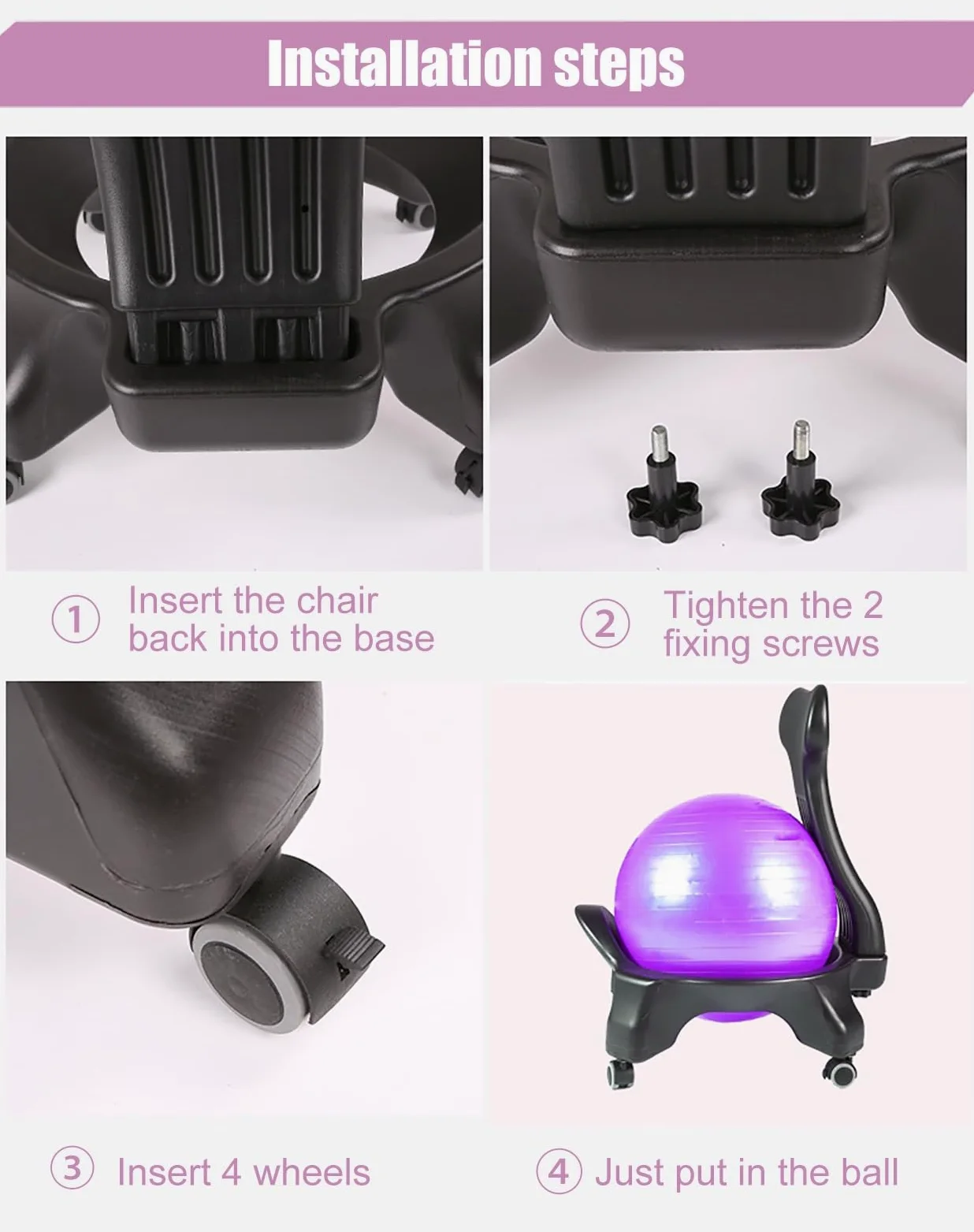 Chaise Ballon Base de Chaise Boule de Yoga Uniquement Sans Balle, Cadre de Chaise de Boule D'équilibre de Stabilité pour Le Bureau à La Maison, Support à Billes avec Roulettes et Support Dorsal
