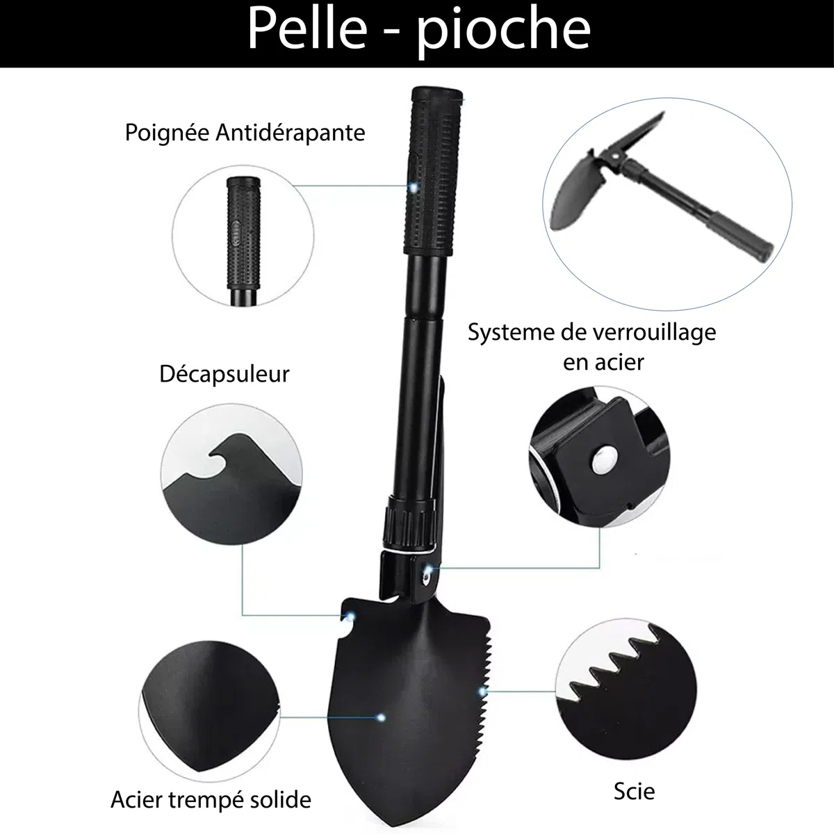 Kit de Survie Sac Complet - Trousse de Secours - Mini Pelle Pioche Pliante - Boussole - Paracorde - Couteau Pliant Multifonction - Allume Feu - Lampe Torche