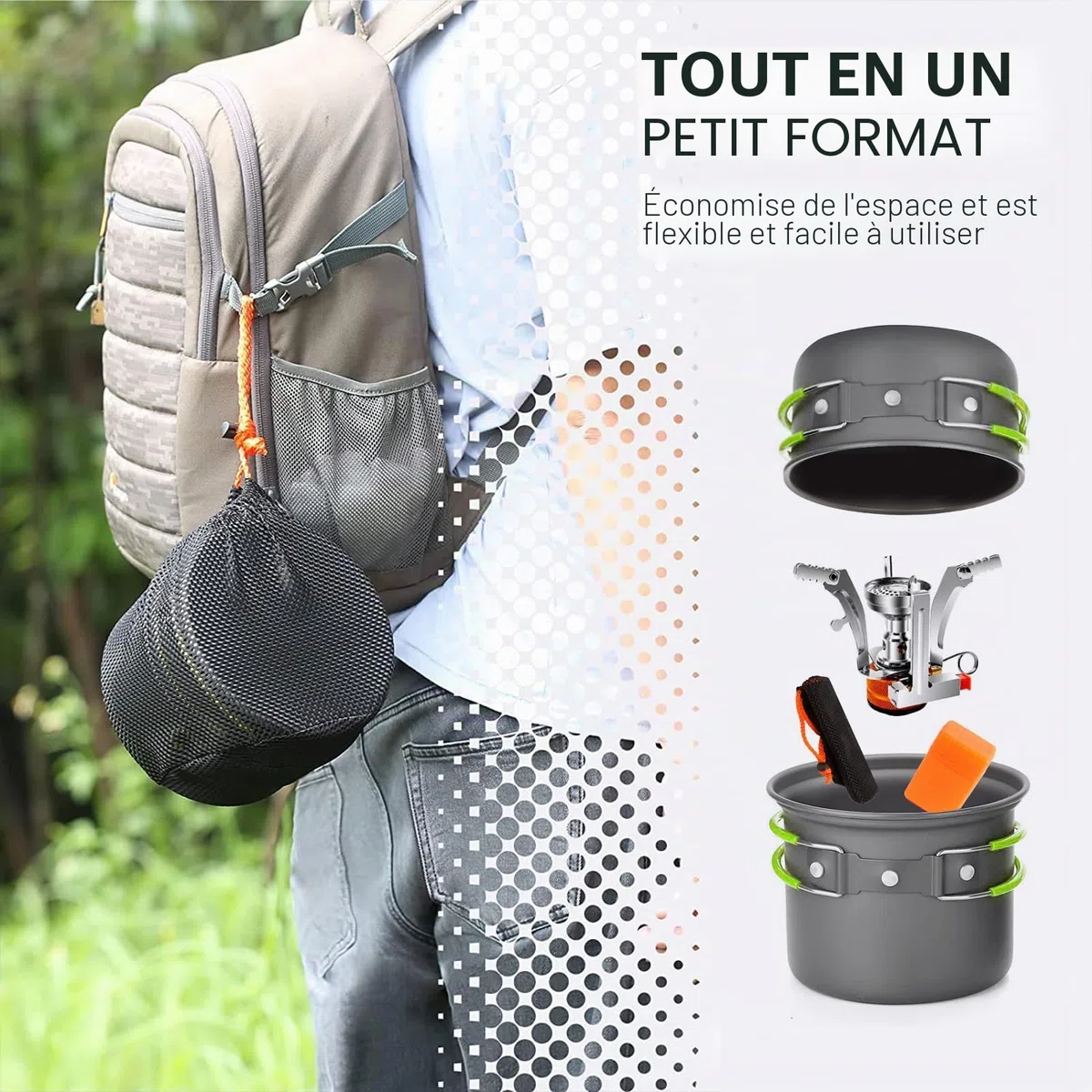 Réchaud de Camping et Casserole - Cuisinière Portable de randonnée avec brûleur à gaz Propane et Butane pour Bouteille de gaz à allumage piezo