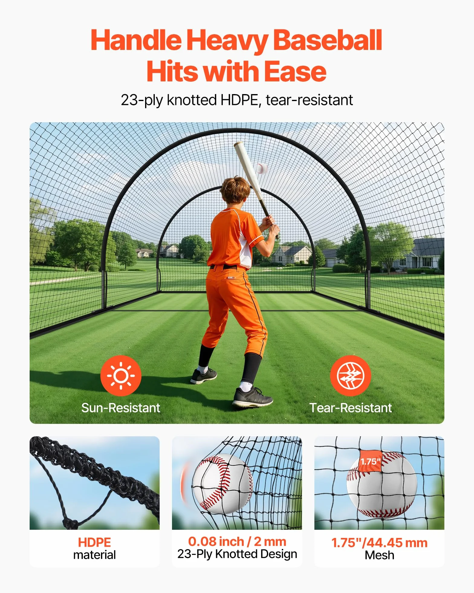 VEVOR Cage de Frappeur 6,06x3,66x2,5 m Tunnel de Frappe Baseball Softball Portable Filet Entraînement Lancement PEHD Noué 30 Plis