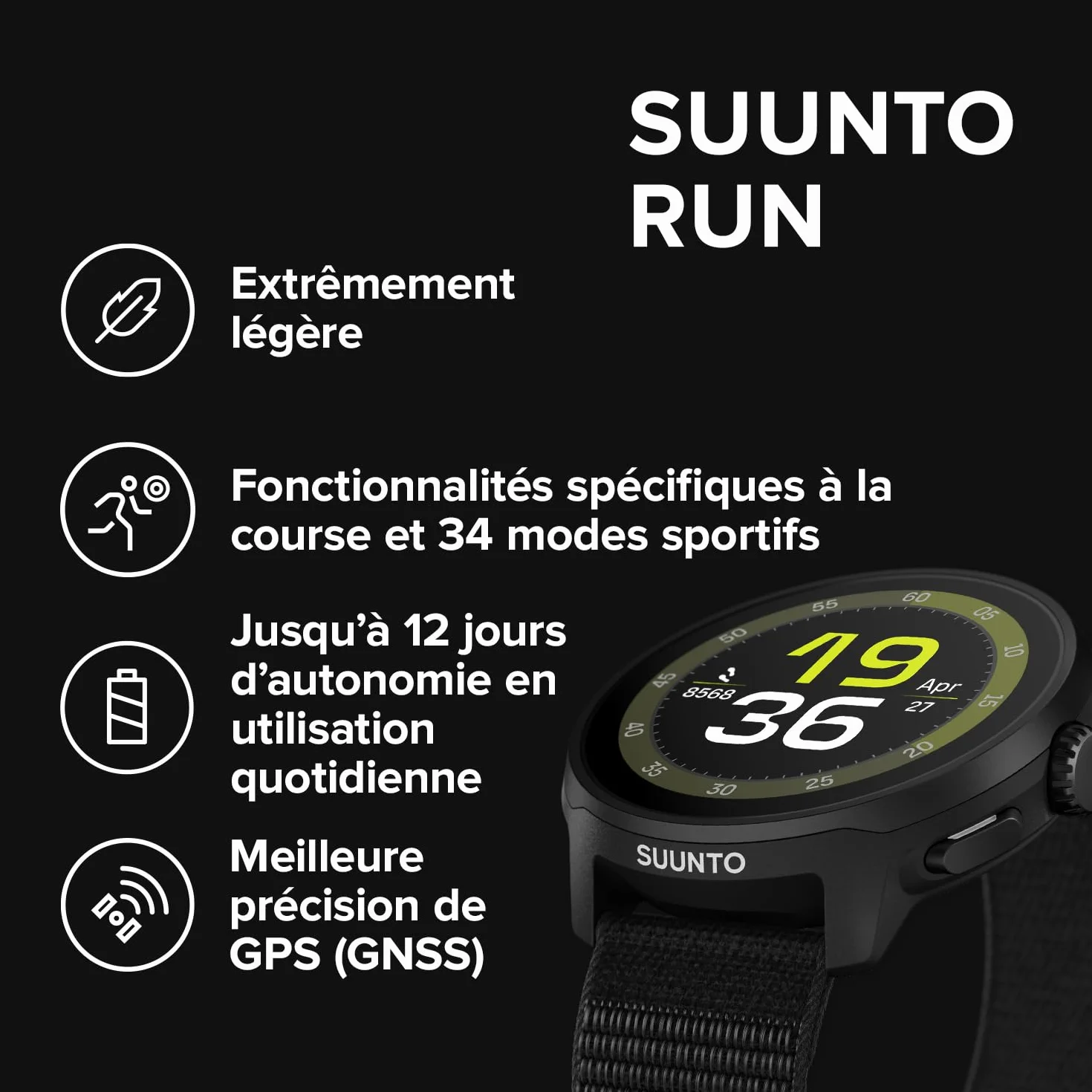 SUUNTO Run Montre de Running Femme Homme, 1,32" Écran Tactile AMOLED, Multisports, Tracker d'Activités, GPS Bi-Band, Suivi Fréquence Cardiaque/Sommeil, Course à Pied, 12 Jours d'Autonomie, Musique