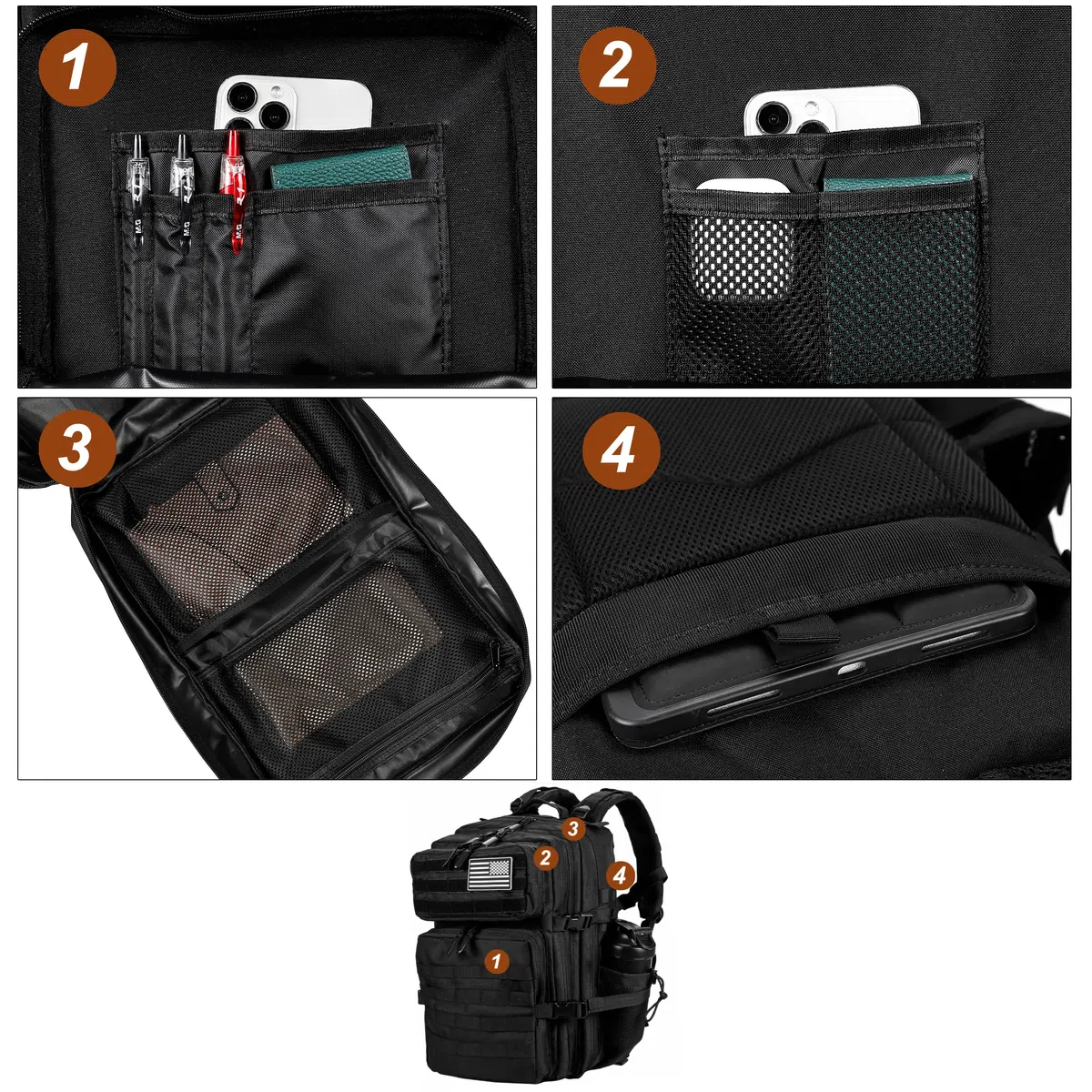 LHI Sac à dos tactique militaire pour homme et femme 45 l Grand sac à dos imperméable pour l'école, la randonnée, le trekking, la chasse