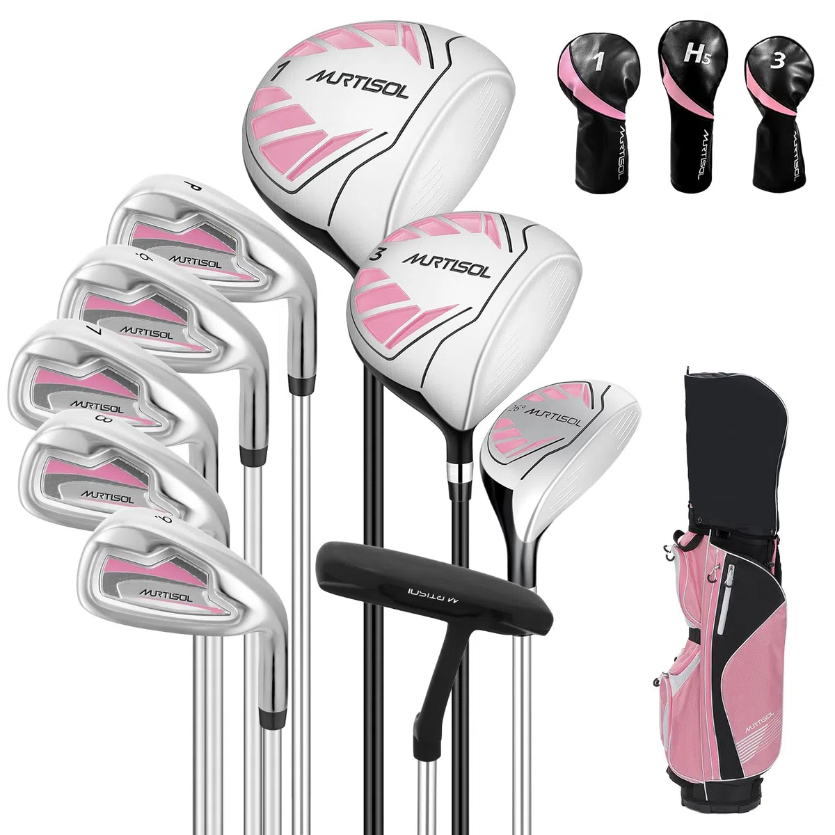 XDriveMax Lot de 10 Clubs de Golf complets pour Femme droitier avec Housse de Pluie, 1#Driver 3#Wood #5 Hybride, avec 3 Couvre-tête, 6# 7# 8# 9# PW# Fers et Putter