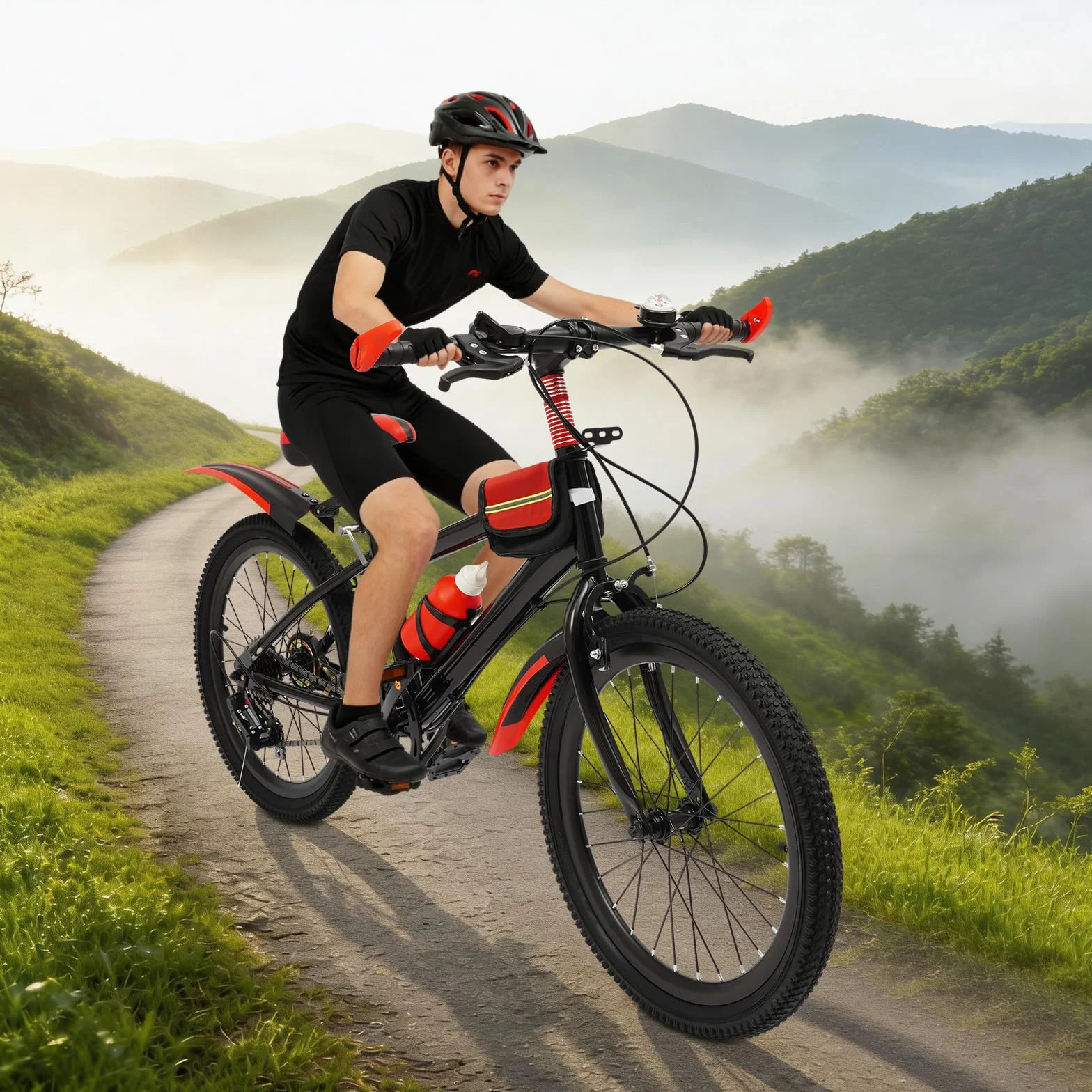 Vélo VTT pour enfant de 20 ", en acier au carbone, capacité de charge 75 kg, rouge, 7 vitesses, hauteur réglable, avec sac de rangement, vélo pour enfants à partir de 8 ans, garçons et filles