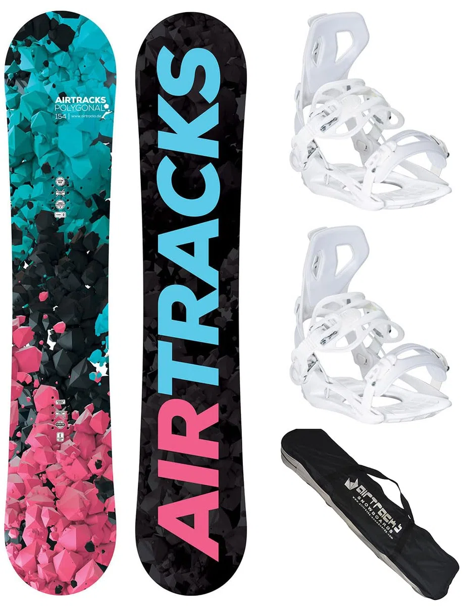 AIRTRACKS Snowboard Set/Pack/Planche Polygonal Femme+Fixations Master FASTEC W+SB Sac/Neuf