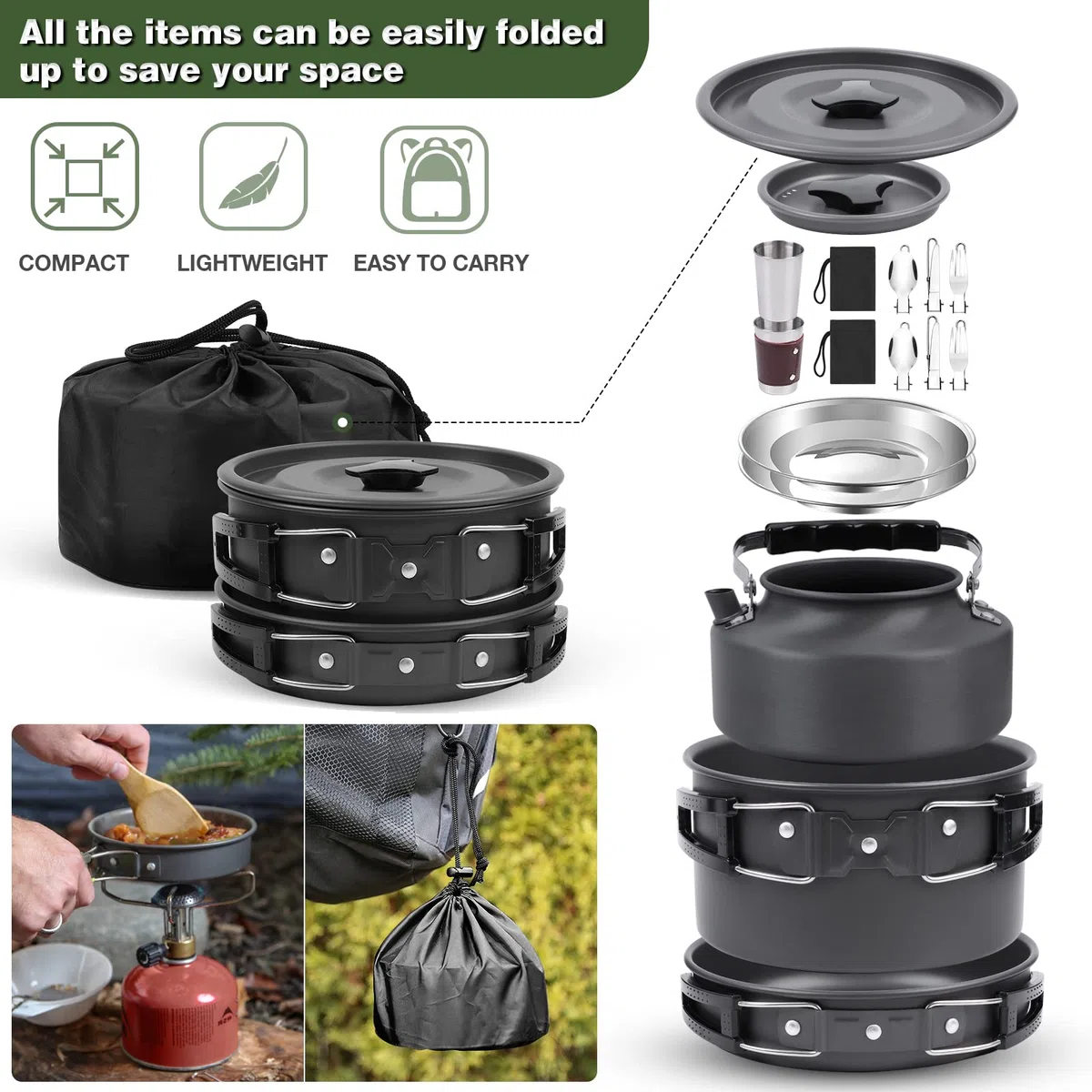 Kit de Casseroles Camping,Multi-PCS,Camping Poêlé en Aluminium Durable,Portable 2-3 Personnes Casseroles Camping Set avec Assiette Bol Ustensiles de Cuisine pour Pêche,Outdoor,Randonnée
