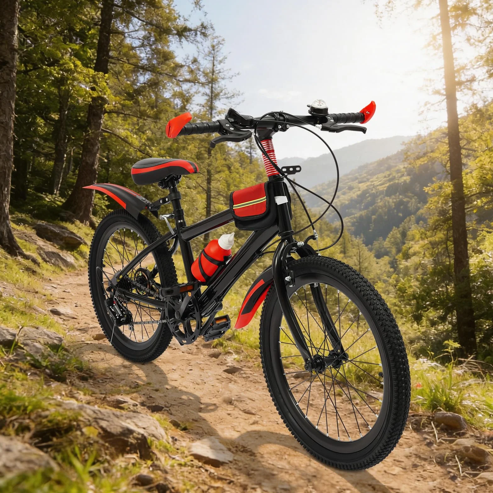 Vélo VTT pour enfant de 20 ", en acier au carbone, capacité de charge 75 kg, rouge, 7 vitesses, hauteur réglable, avec sac de rangement, vélo pour enfants à partir de 8 ans, garçons et filles