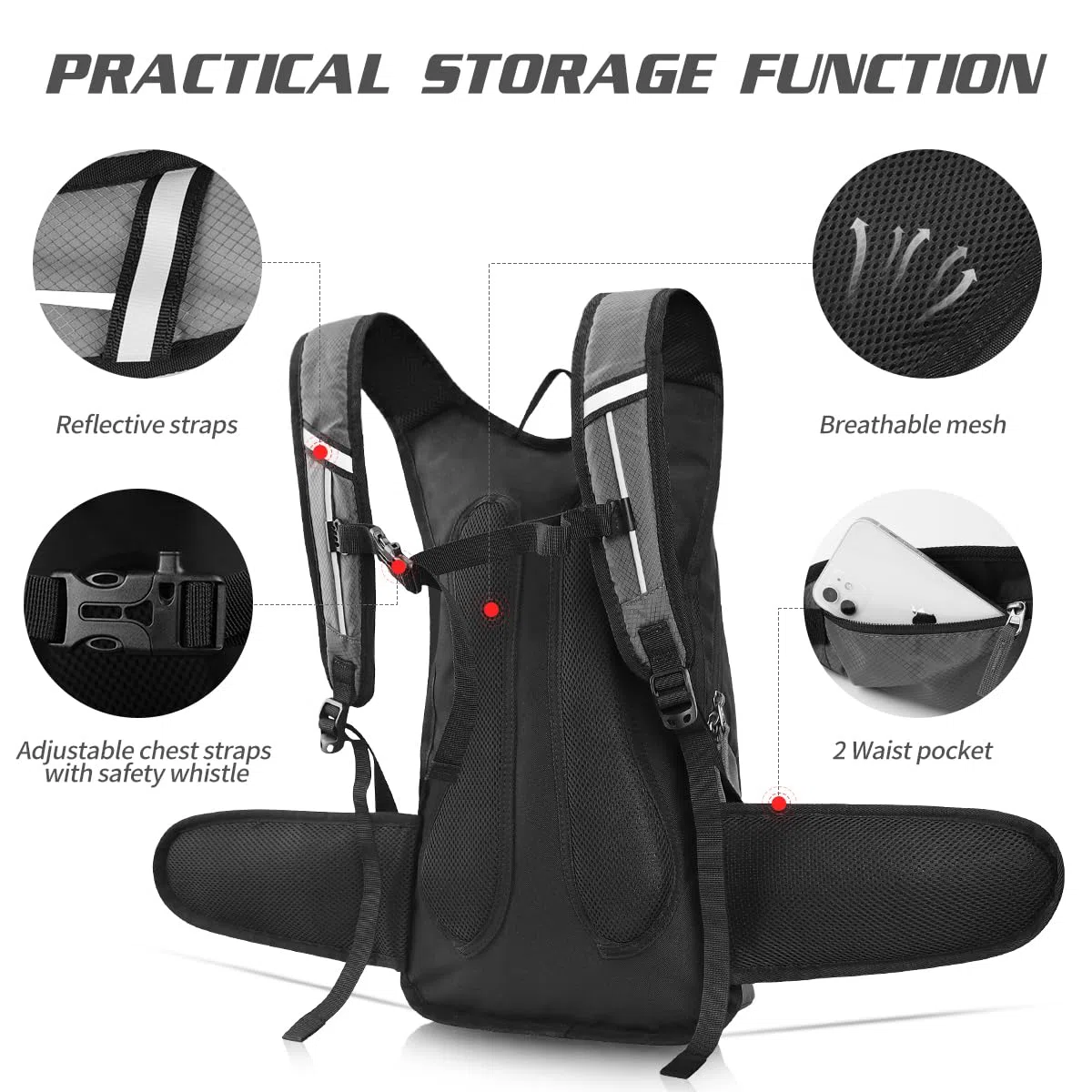 Sac à Dos d'hydratation avec vessie d'hydratation 3L, Sac à Dos de Cyclisme extérieur imperméable et Respirant de Grande capacité, pour la Course, la randonnée, Le Cyclisme, Le Camping…