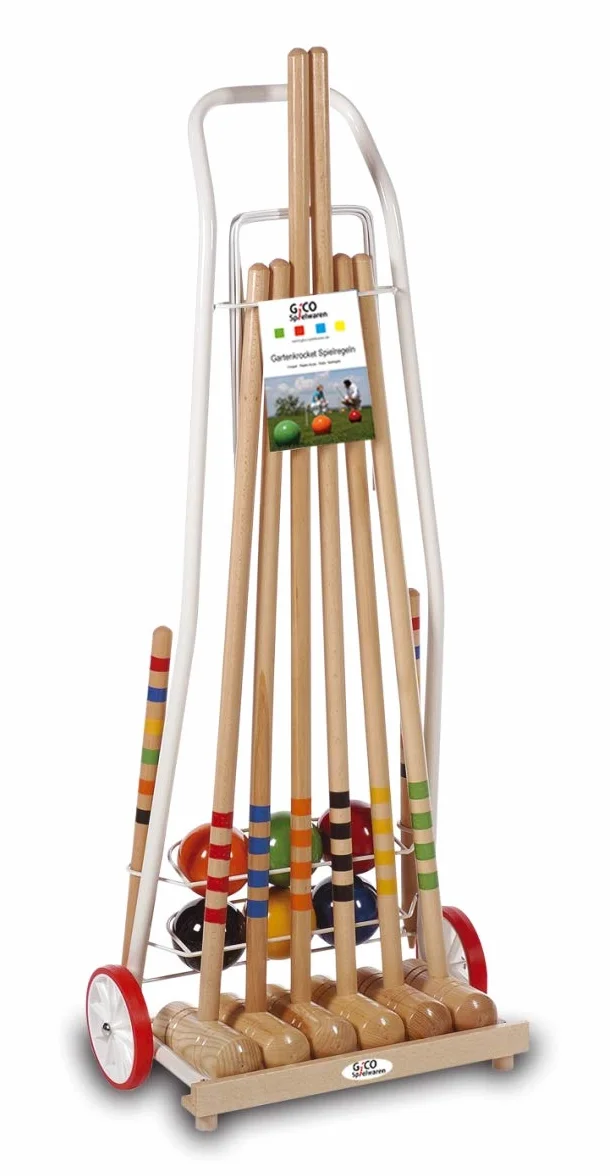 GICO Jeu de Croquet de qualité en Chariot en Metal Famille - Jeu en Plein air - 6 Joueurs - 4 maillets Taille 80 cm Enfants, 2 maillets 100 cm Adultes - Qualite de EU - 3136
