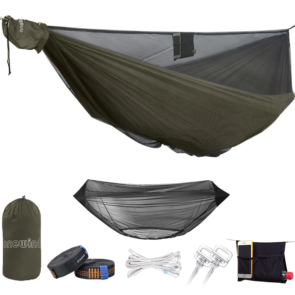 onewind Hamac de Camping de 335 cm avec moustiquaire, hamac Double ultraléger en Nylon Ripstop avec Sangles d'arbre, hamac Portable Chargeable de 250 kg pour Le Camping en Plein air