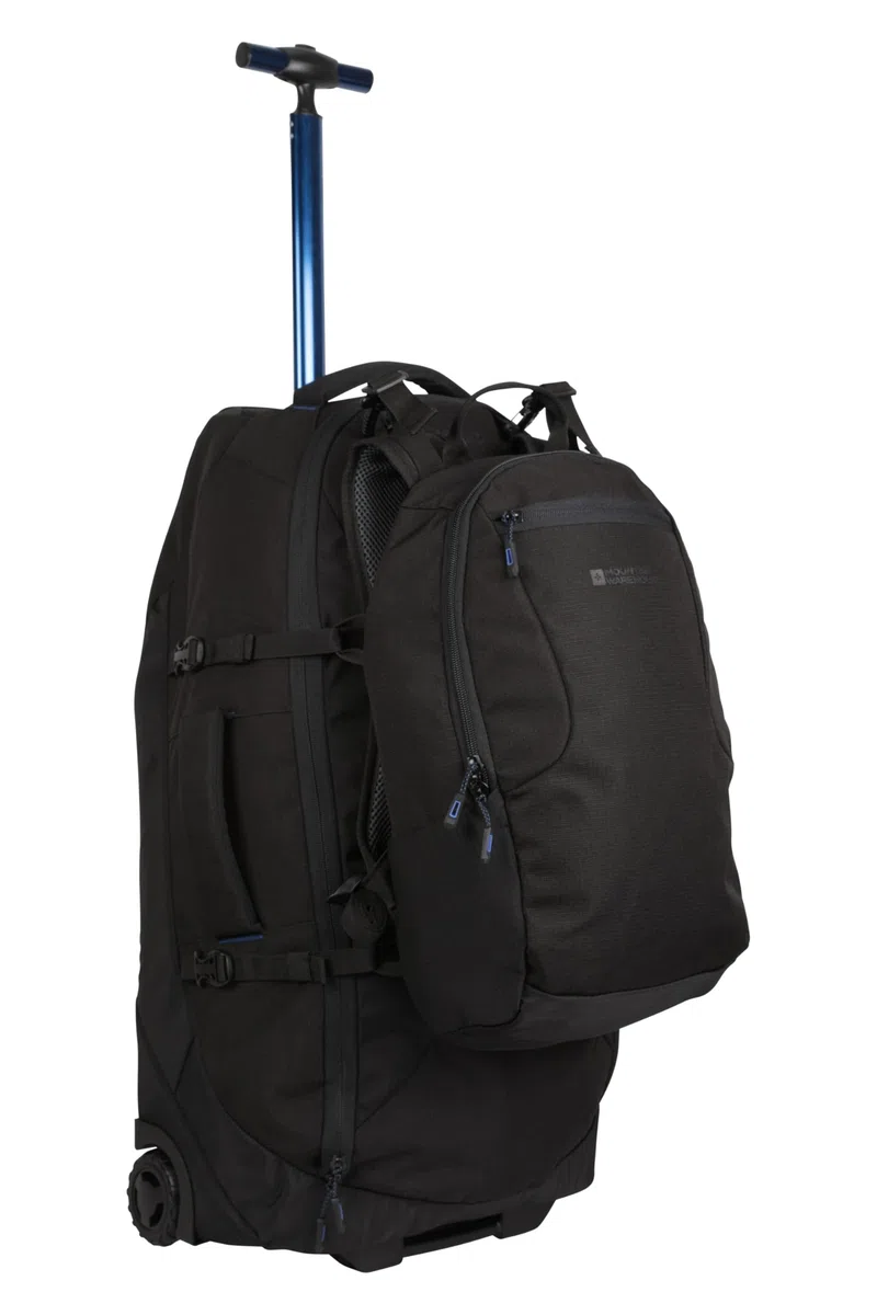 Mountain Warehouse Voyager Wheelie Sac à Dos de 50 + 20 litres - Sac à Dos rembourré en Maille aérée avec Fermetures éclair verrouillables et Sangles réglables - Camping Noir Taille Unique