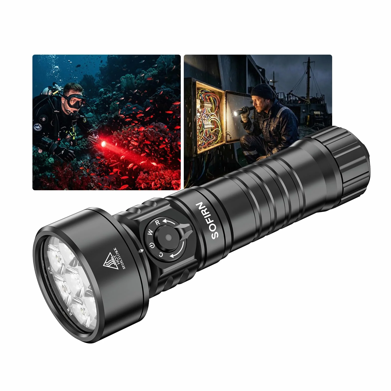 Sofirn SD11 Lampe de Plongée, 5000LM, CRI 90, Lampe de Poche Rechargeable avec Lumière Rouge 660NM, 3000K-6500K, USB-C, IPX8, avec Filetage de 1/4" et Laisse de Sécurité, pour Photographie Sous-Marine