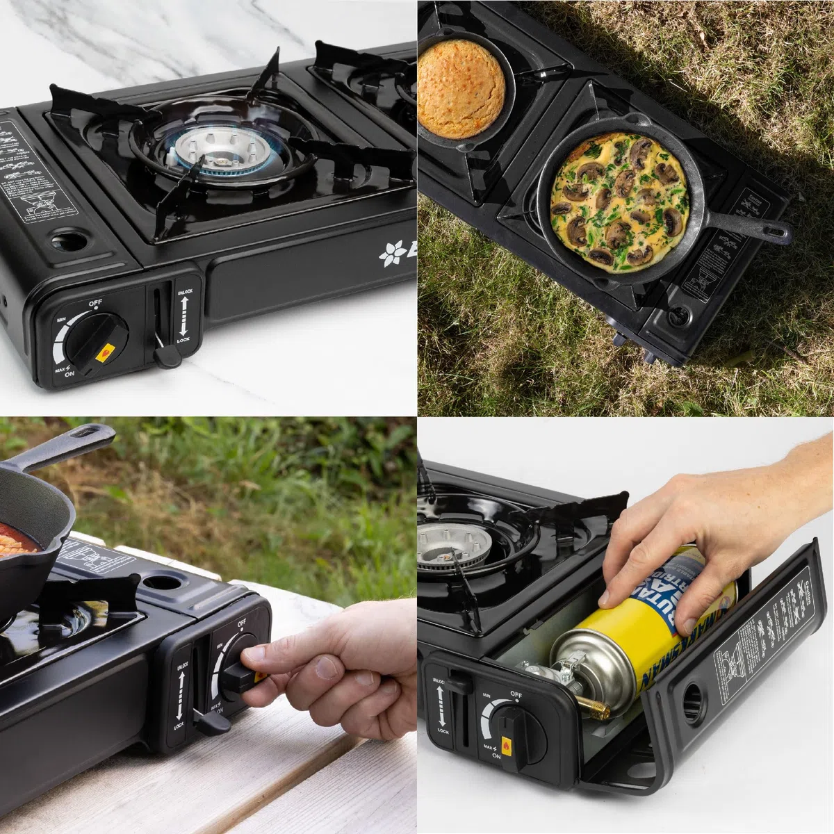 BLOSTM Réchaud de camping portable à gaz – Réchaud de camping à double brûleur avec système d'allumage automatique, contrôle de la température – Utilisation avec gaz butane ou GPL – Réchaud de camping