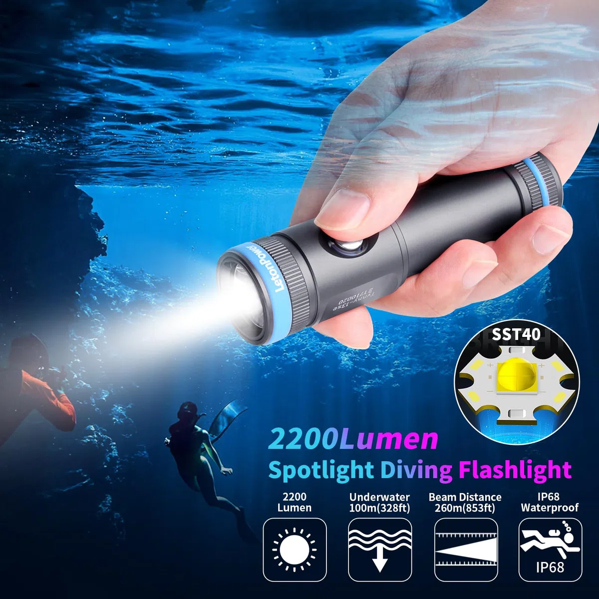Tynny-13se Lampe de plongée 2200 lumens Lampe de poche sous-marine compacte, torche de plongée à 6 modes, chargement de type C pour lampe de poche de plongée sous-marine (Gris)