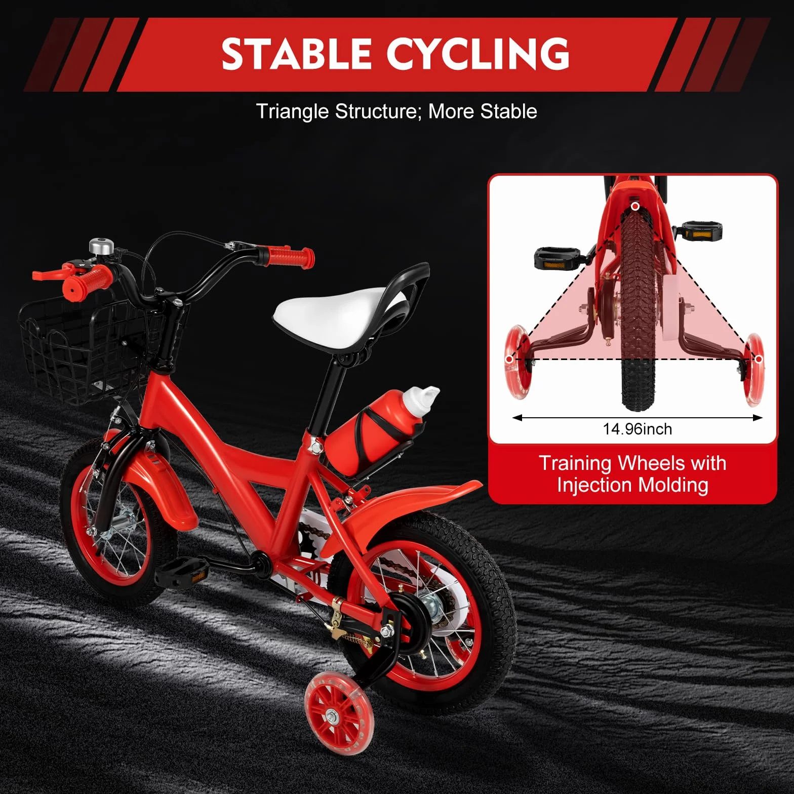 Vélo enfant 12 pouces avec roues stabilisatrices réglable hauteur rouge 2-4 ans