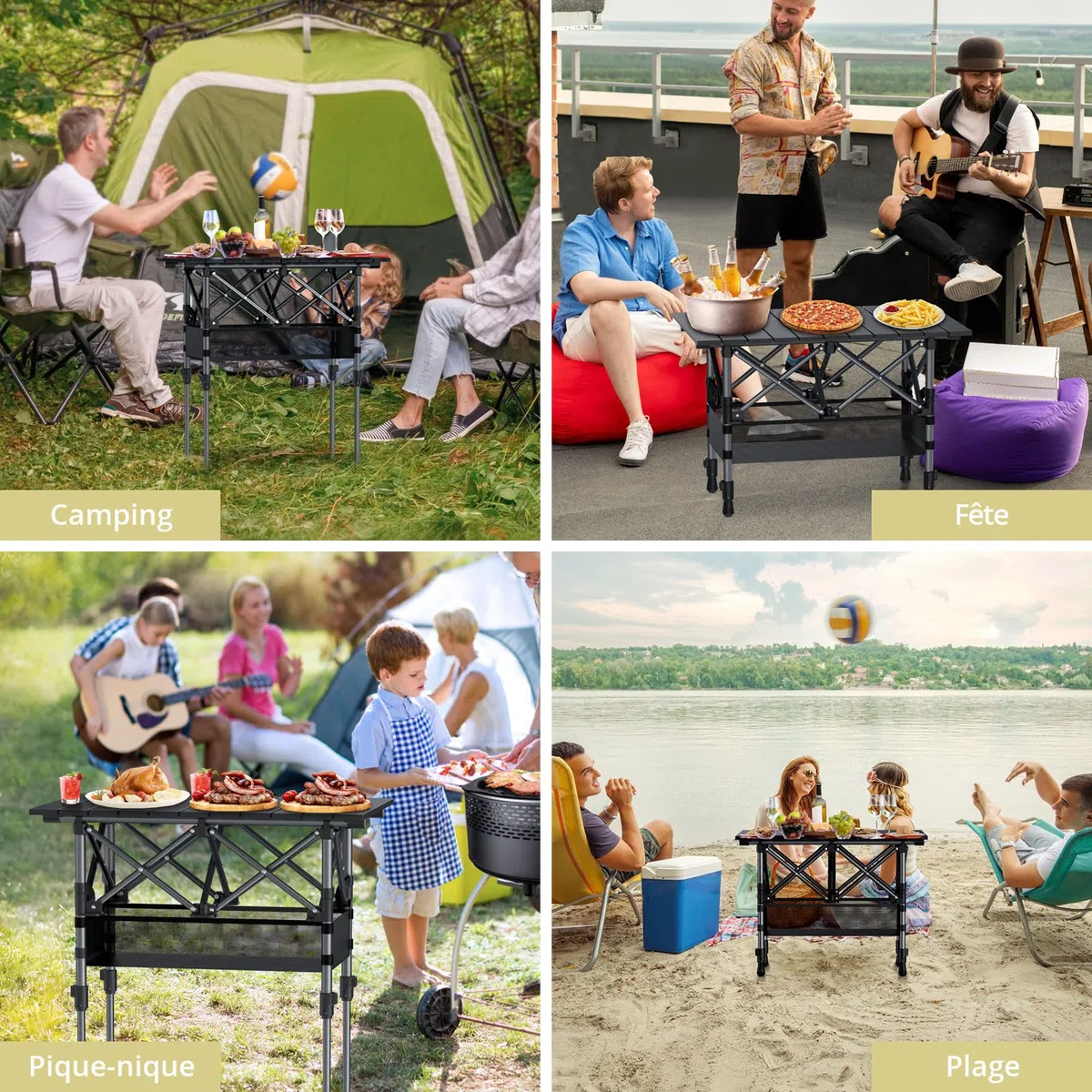 Anbte Table de Camping 64 cm Pliable, 2 Hauteurs Réglables, Aluminium avec Panier de Rangement et Sac, Étanche, Légère 64 x 40 cm, pour Barbecue, Pique-Nique, Voyage Extérieur, Noire