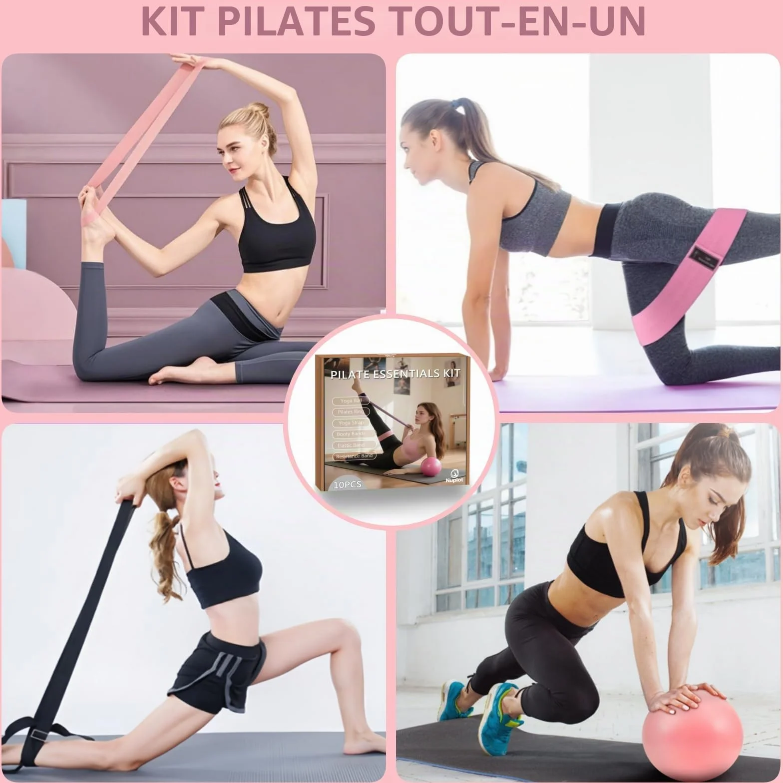 Nuplot Ensemble de Pilates Essentiel pour Femme : Meilleur Ensemble de Pilates pour l'entraînement à la Maison avec Anneau de Pilates et Ensemble de balles, Bande de résistance pour Figure 8, Bandeau