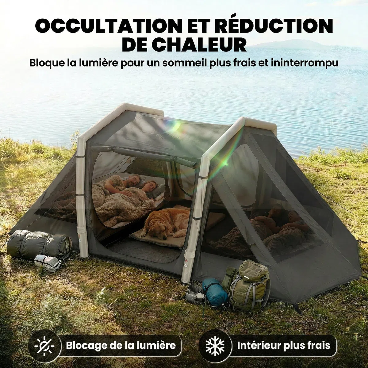 Outsunny Tente Gonflable de Camping 4 Personnes Blackout - Tente à Air 5,8m de Long avec 2 Chambres et Séjour - Imperméable 3000mm avec Pompe, Auvent et Piquets Fluorescents, Gris Foncé