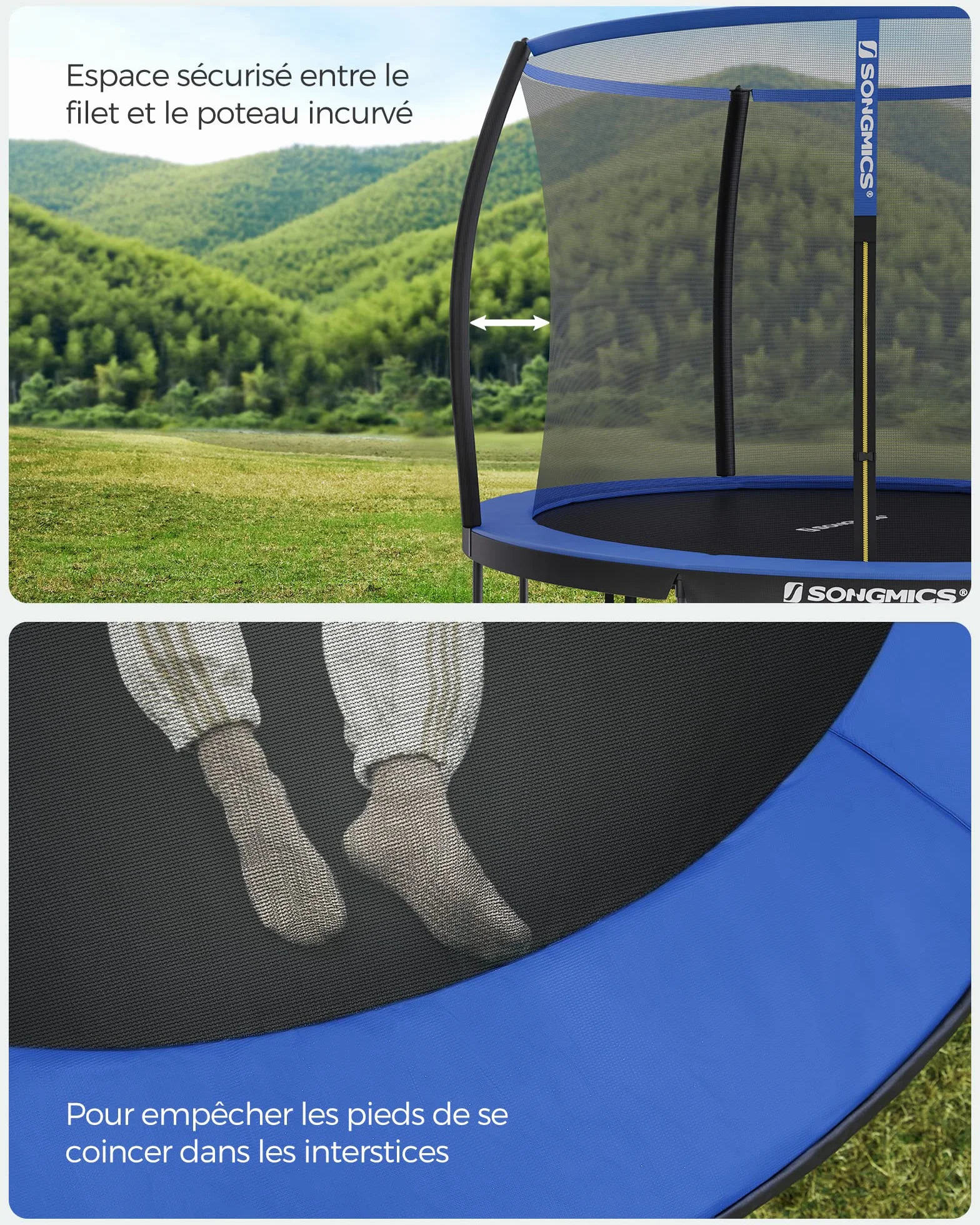 SONGMICS Trampoline Extérieur Enfant Diamètre 244/305/366/427 cm, Filet de Protection, Poteau Incurvé de 180 cm de Haut, Coussins de Sécurité, Échelle, Cadre en Acier