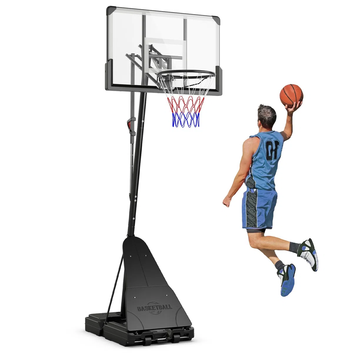 GYMAX Panier de Basketball Extérieur et Intérieur Mobile, Hauteur Ajustable 150-305cm sur 10 Niveaux, Base Remplissable d'eau et de Sable, Structure Stable Triangulaire, pour Enfants et Adultes