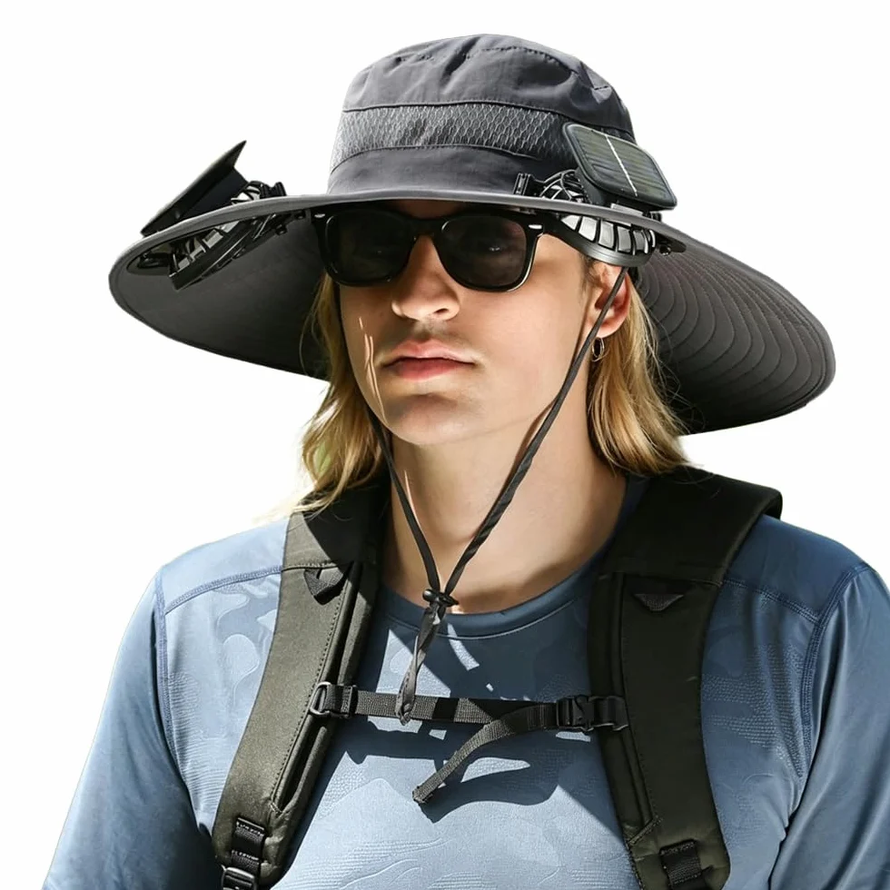 Chapeau de Soleil, Chapeau de Pêche avec 2 Ventilateur Solaire, Chapeau de Fan Solaire à Bord Large, Générique Chapeau de Fan Solaire pour Activités de Plein Air comme la Randonnée Jardinage
