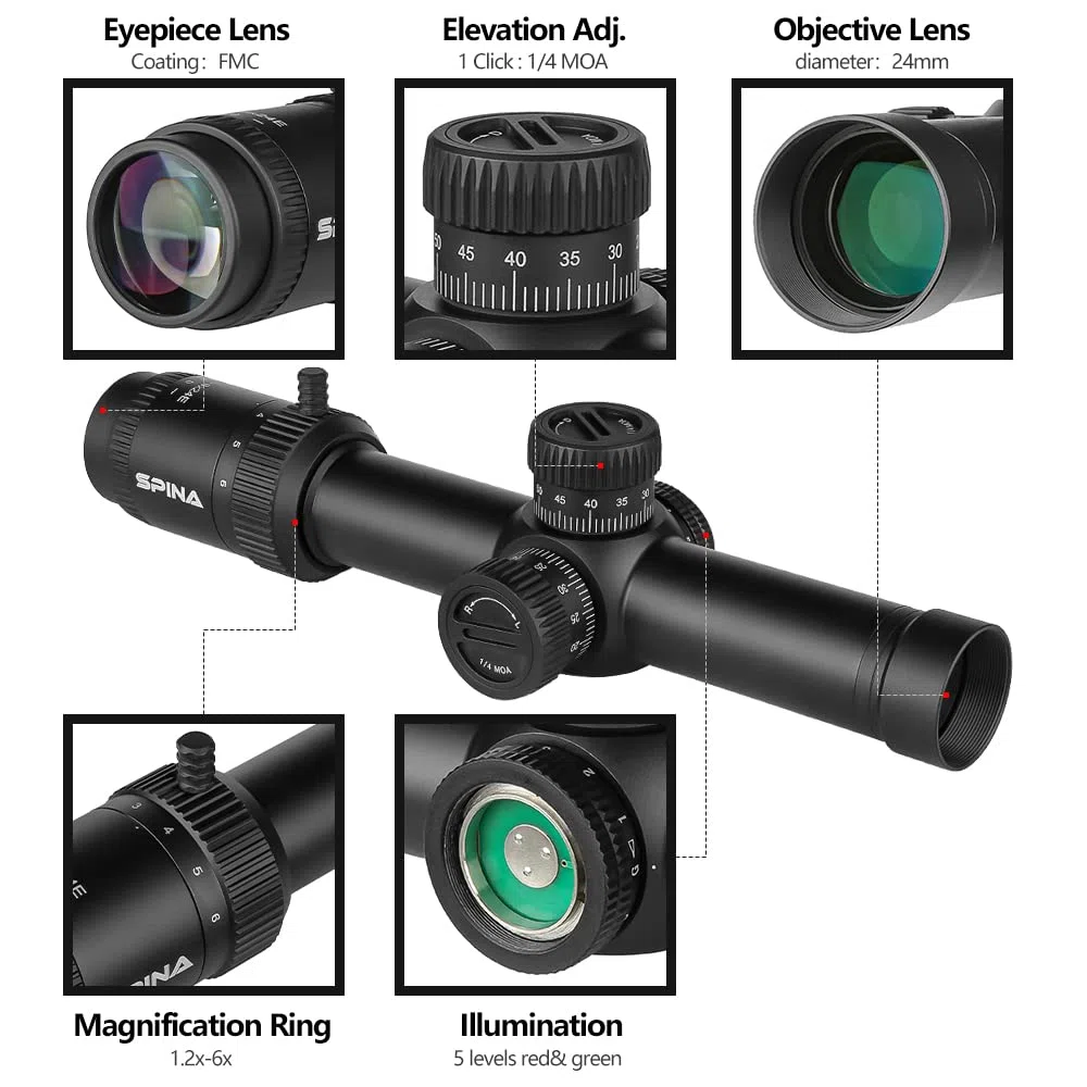 SPINA OPTICS Lunette de Visée 1.2-6x24 IR avec Reticule Lumineux, Lunettes de Tir Premier Plan Focal Applicable à la Chasse/Airsoft