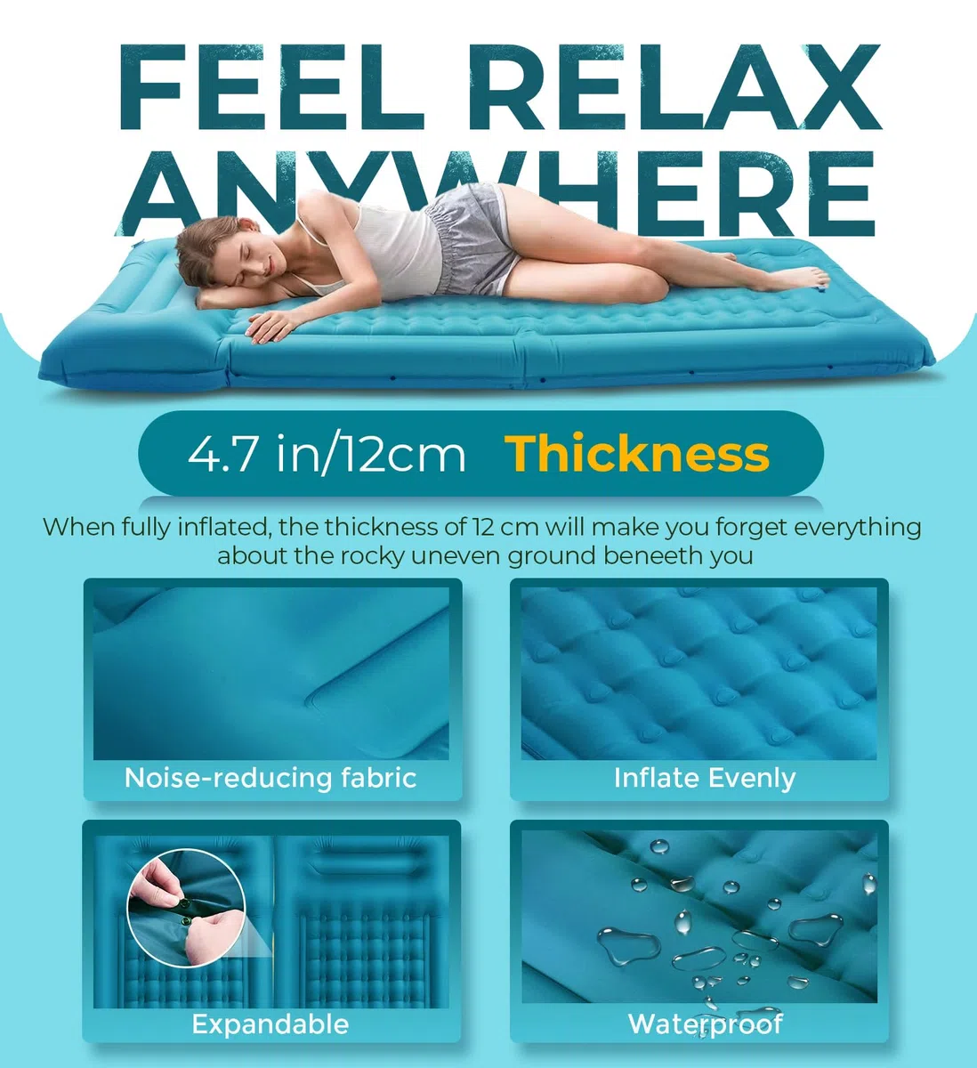 Matelas Gonflable 1 Place 12CM Matelas Camping, Matela s Autogonflant 1 Personne avec Pompe à Pied Mate Las Gonflable Camping Oreiller pour Campin g, Randonnée, Plage, Bleu Paon