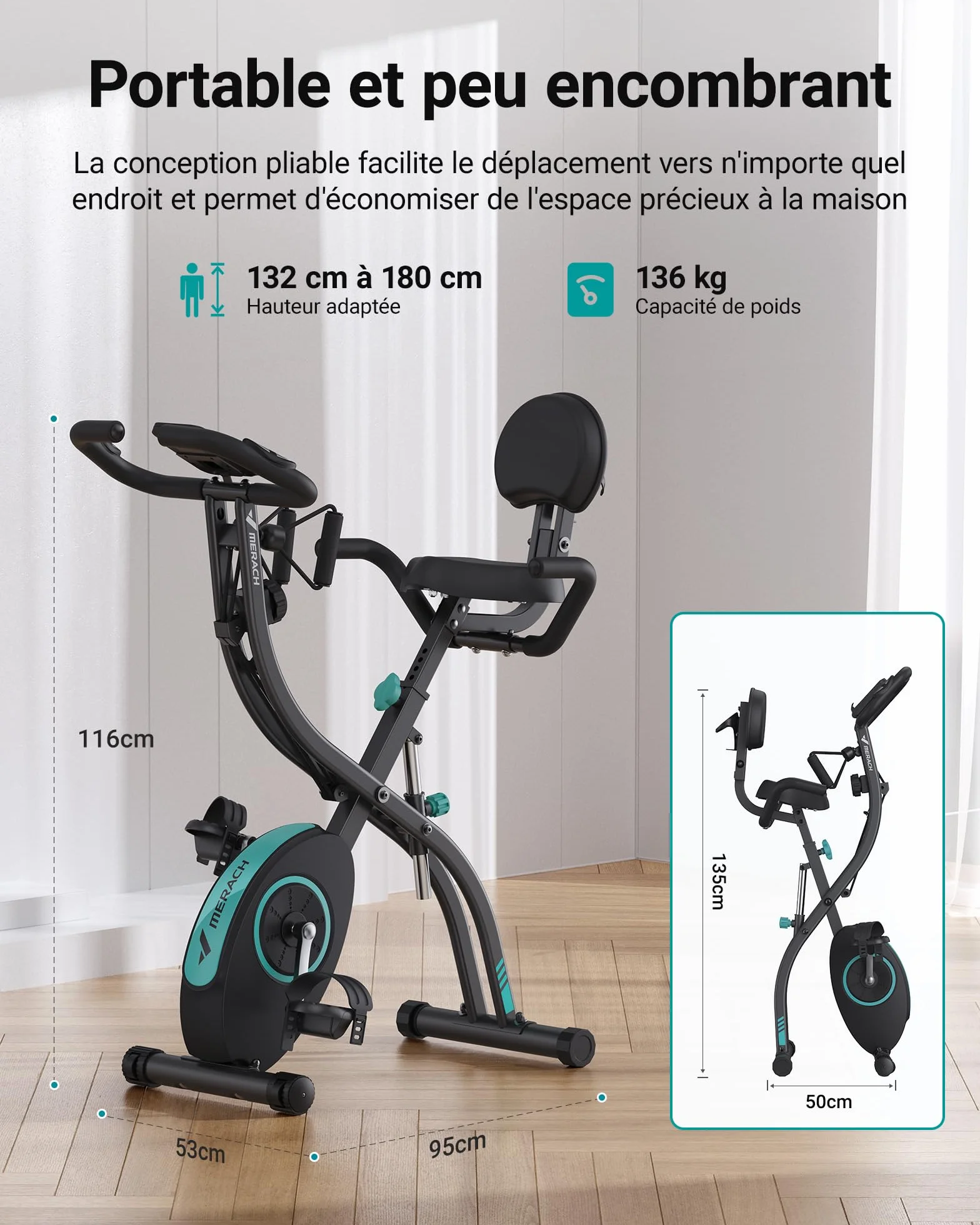 MERACH Velo D Appartement Silencieux avec App Entraînement, 4 en 1 Vélo D’Appartement Pliable avec Résistance Magnétique 16 Niveaux, Écran LCD, Mesure du Pouls, Bande de Résistance, Selle Confortable